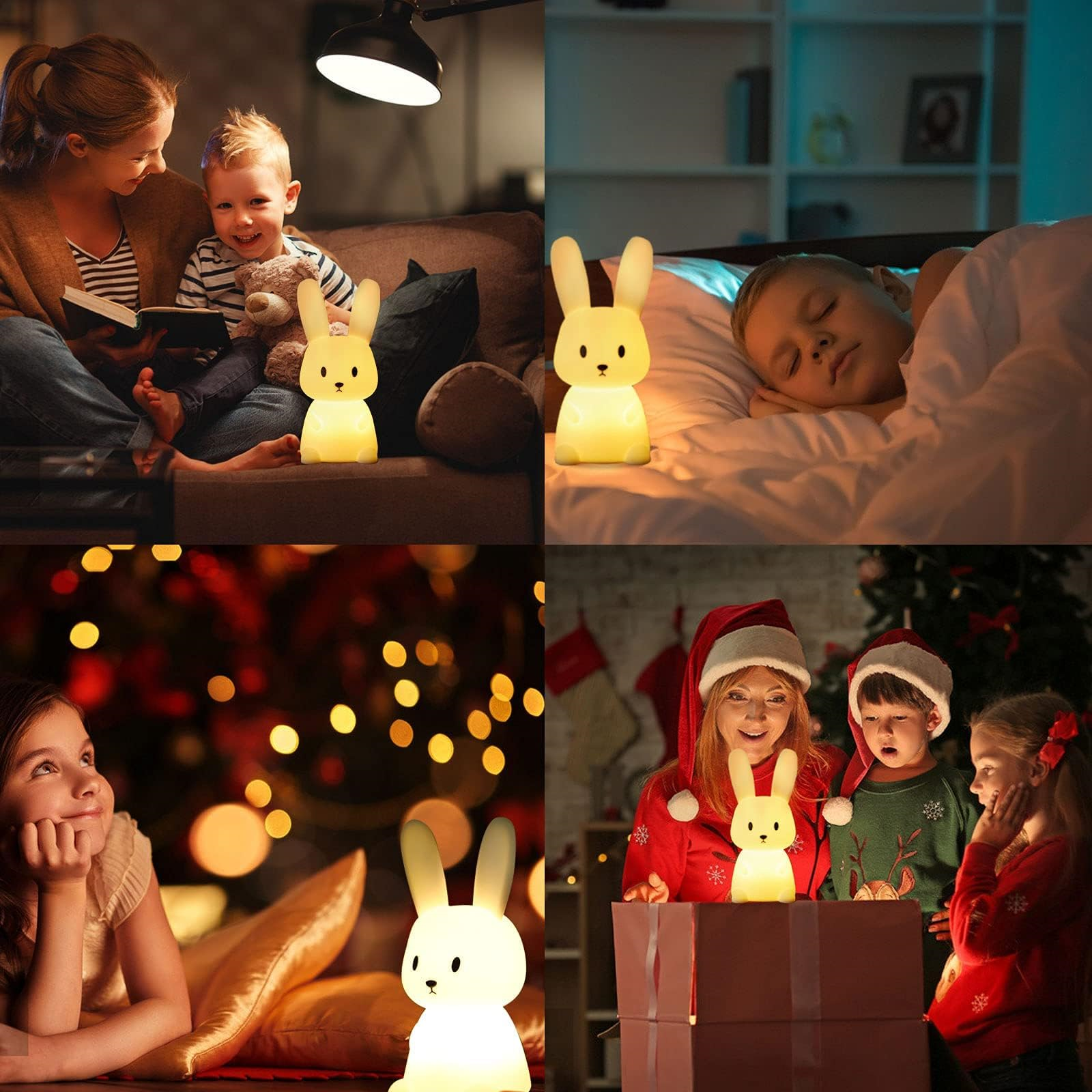 Vier Bilder, die eine Hasenlampe in verschiedenen Umgebungen zeigen.