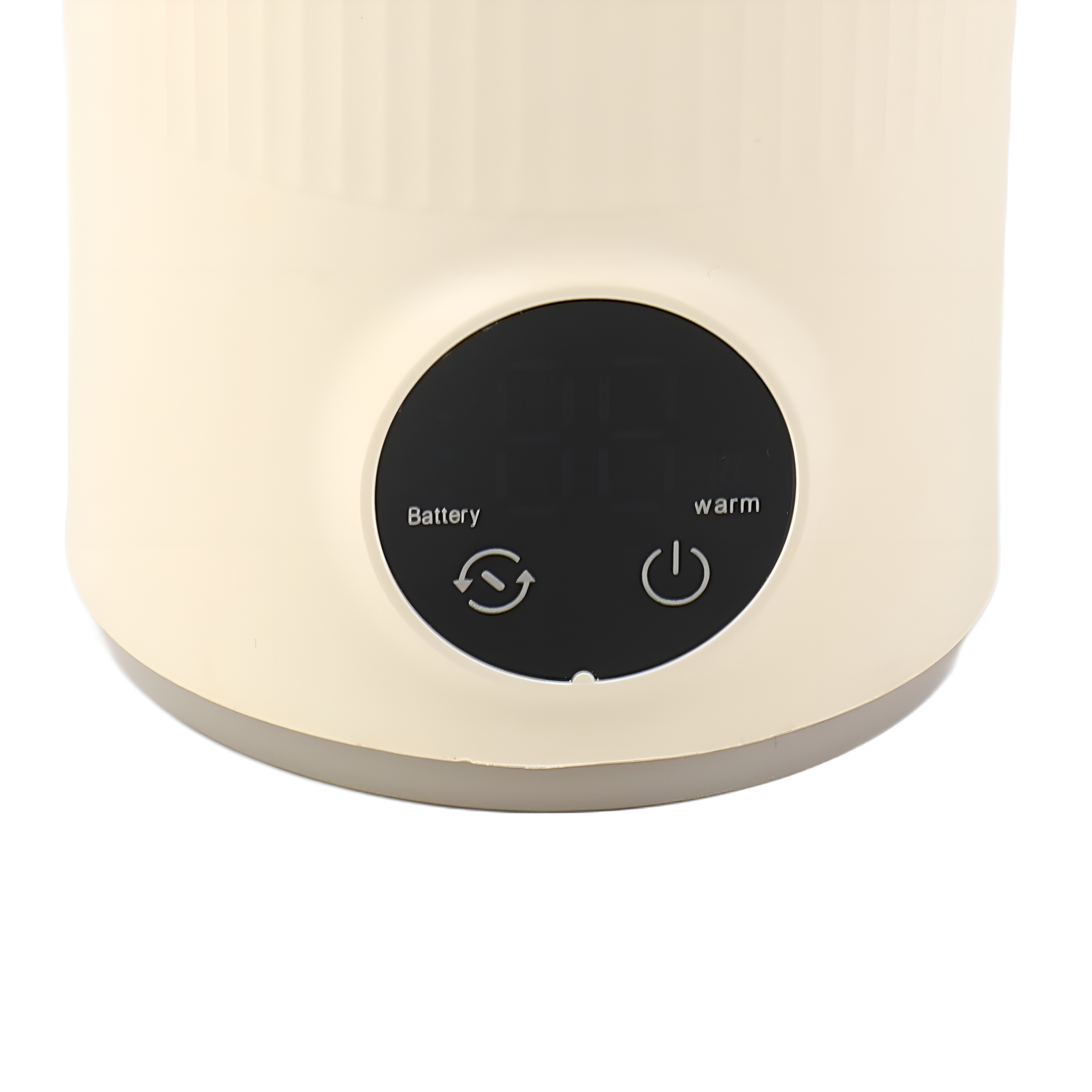 Nahaufnahme eines hellbeigen Geräts mit Batterie- und Warm-Anzeige-Tasten.