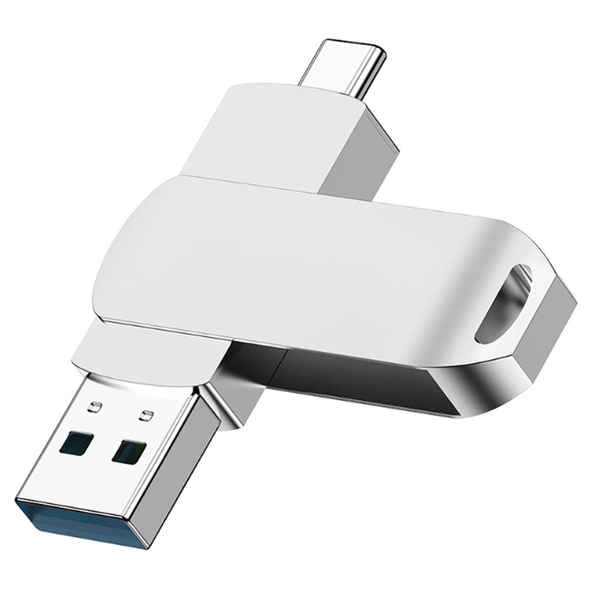 Silberner USB-Adapter mit USB- und USB-C-Anschlüssen.