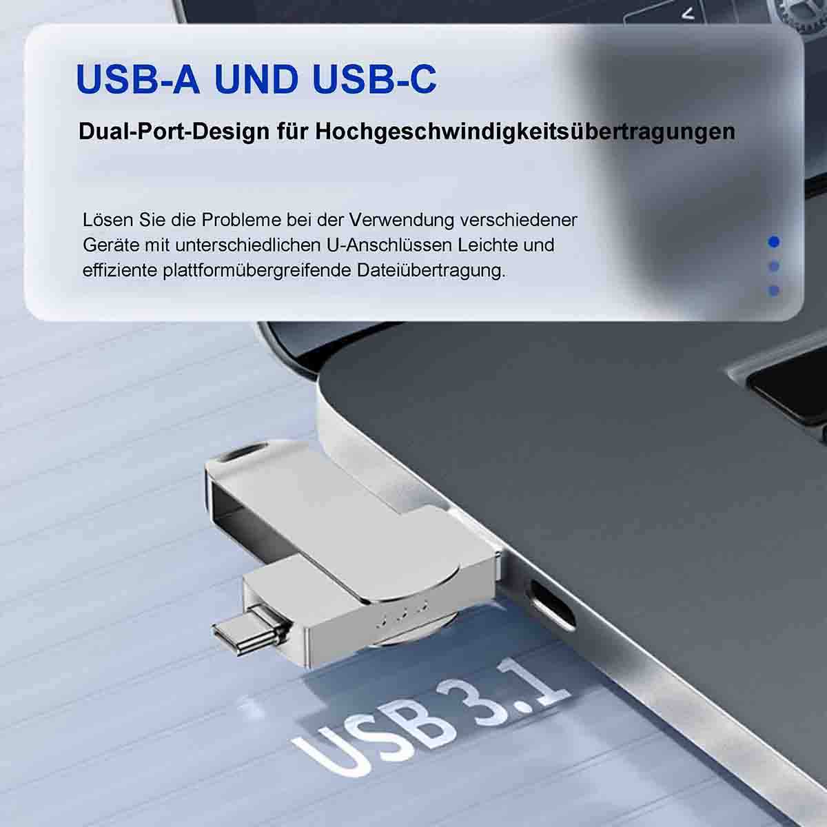 Ein USB-A- und USB-C-Dual-Port-Adapter ist mit einem Laptop verbunden.