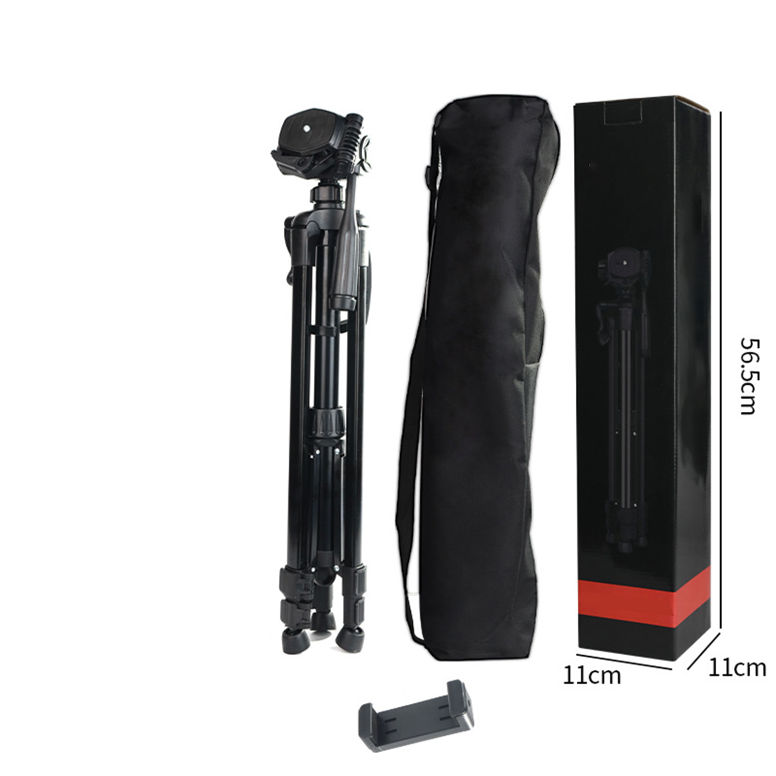 Schwarzes Stativ mit Kopf, Tasche und Telefonhalter. Das Stativ steht neben seiner Box. Weißer Hintergrund.