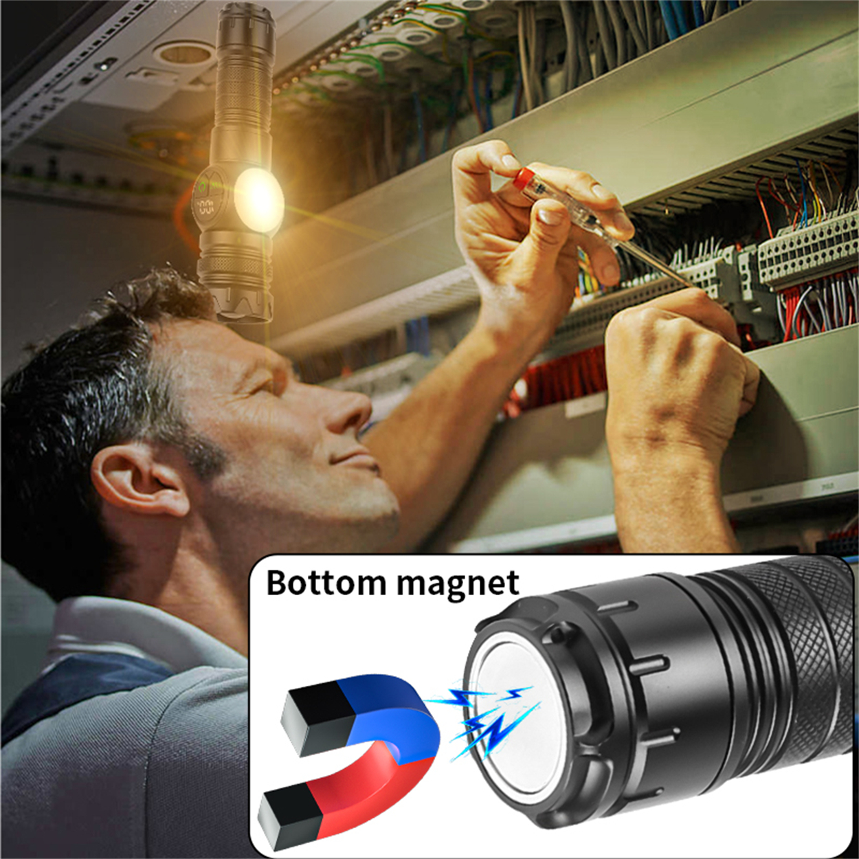 Mann, der mit einer Taschenlampe eine Schalttafel inspiziert, mit Nahaufnahme des Magneten.