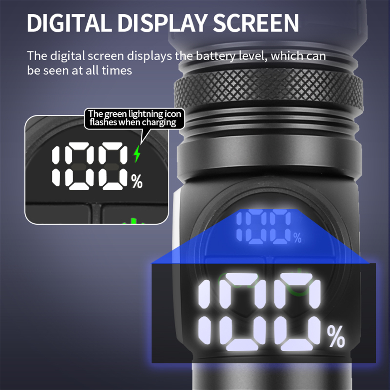Eine schwarze Taschenlampe mit digitaler Anzeige, die 100 % und ein grünes Blitzsymbol anzeigt.