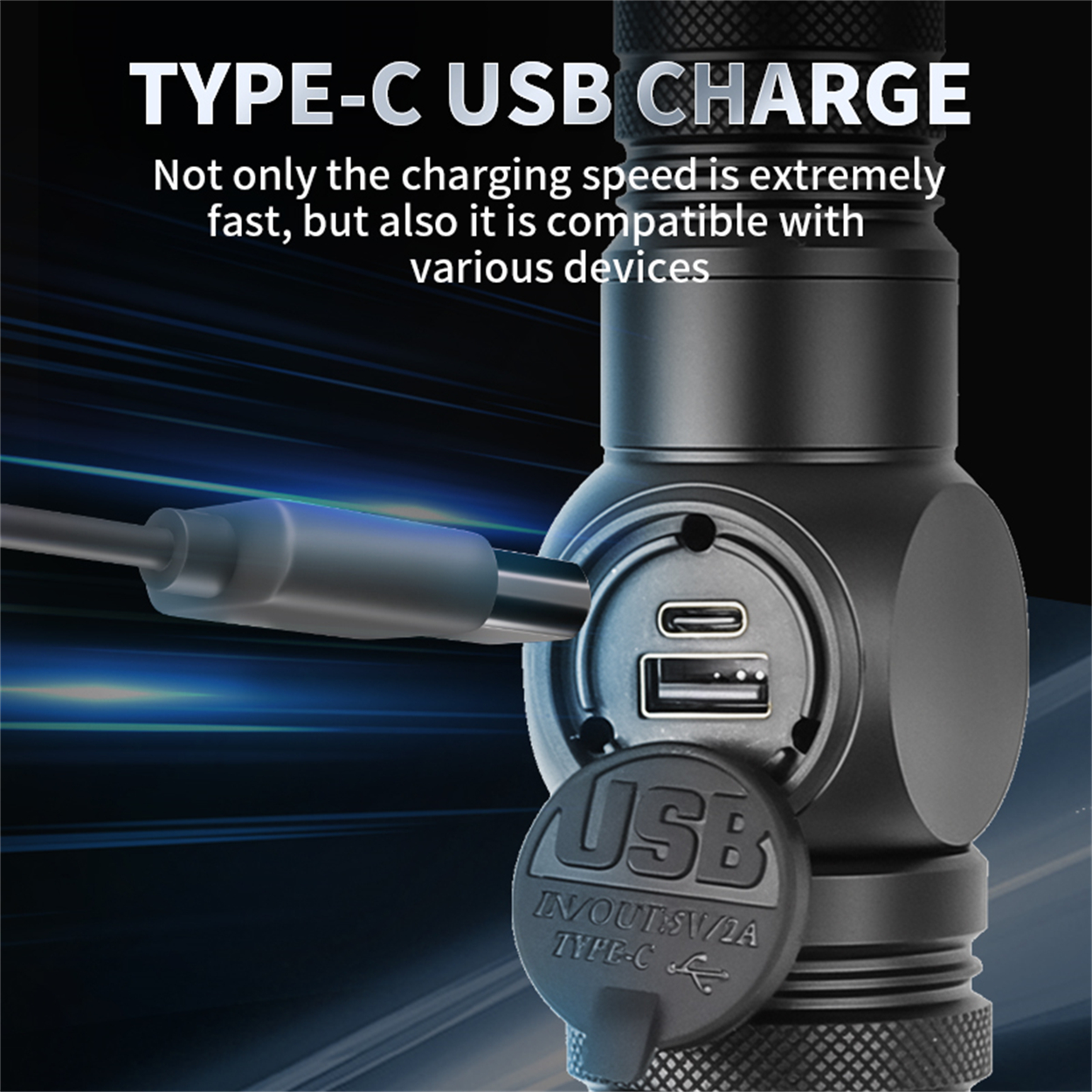Schwarzes Ladegerät mit USB-Anschlüssen und Text 'TYPE-C USB CHARGE', Nahaufnahme.