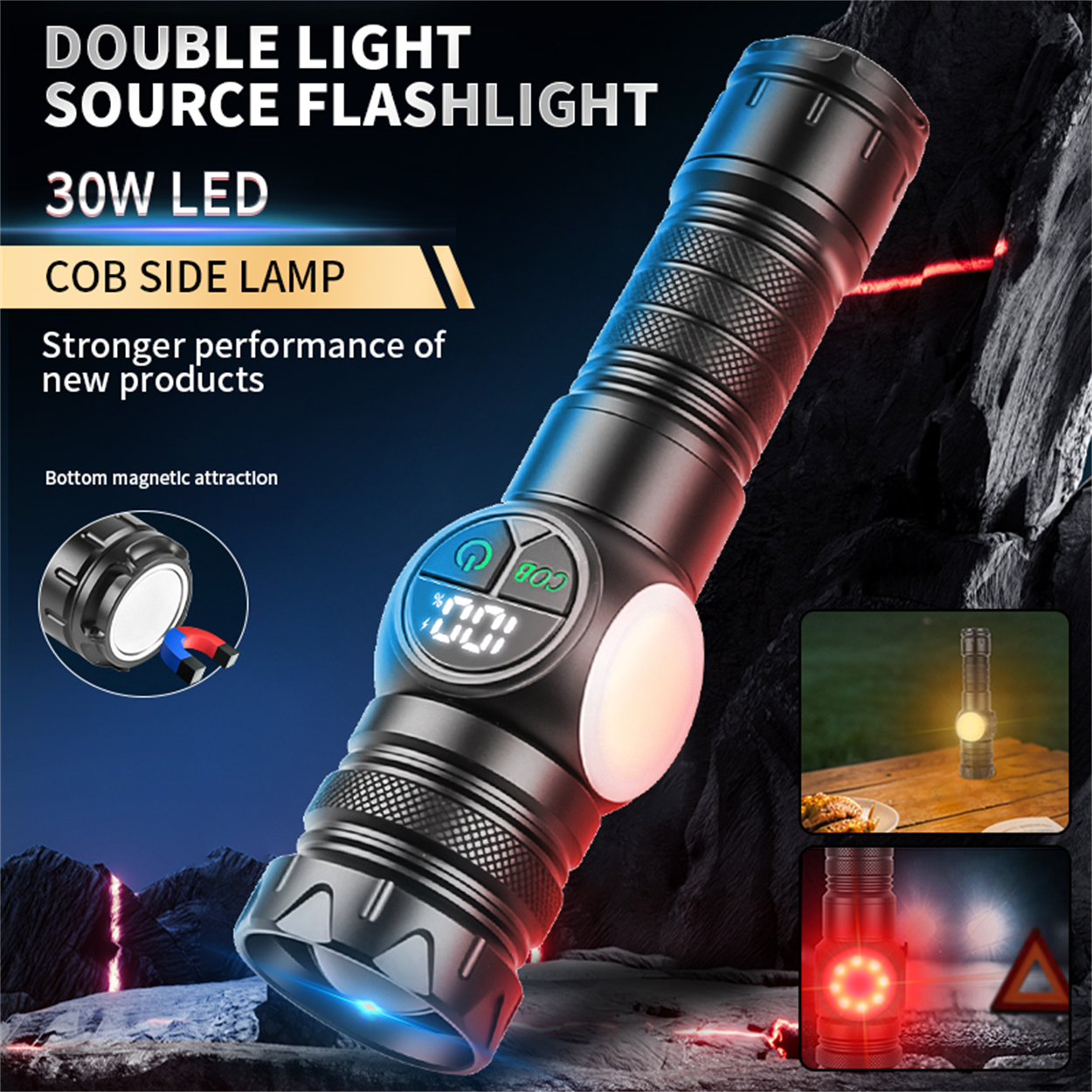 Schwarze Taschenlampe mit COB-Seitenlampe. Weißes Licht an der Seite, Hauptlicht an. Dunkelblauer Hintergrund.