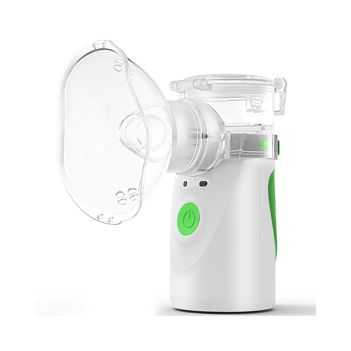 Ein weiß-grüner Vernebler mit Maske. Er hat einen Ein-/Ausschalter und eine transparente Medikamentenkammer.