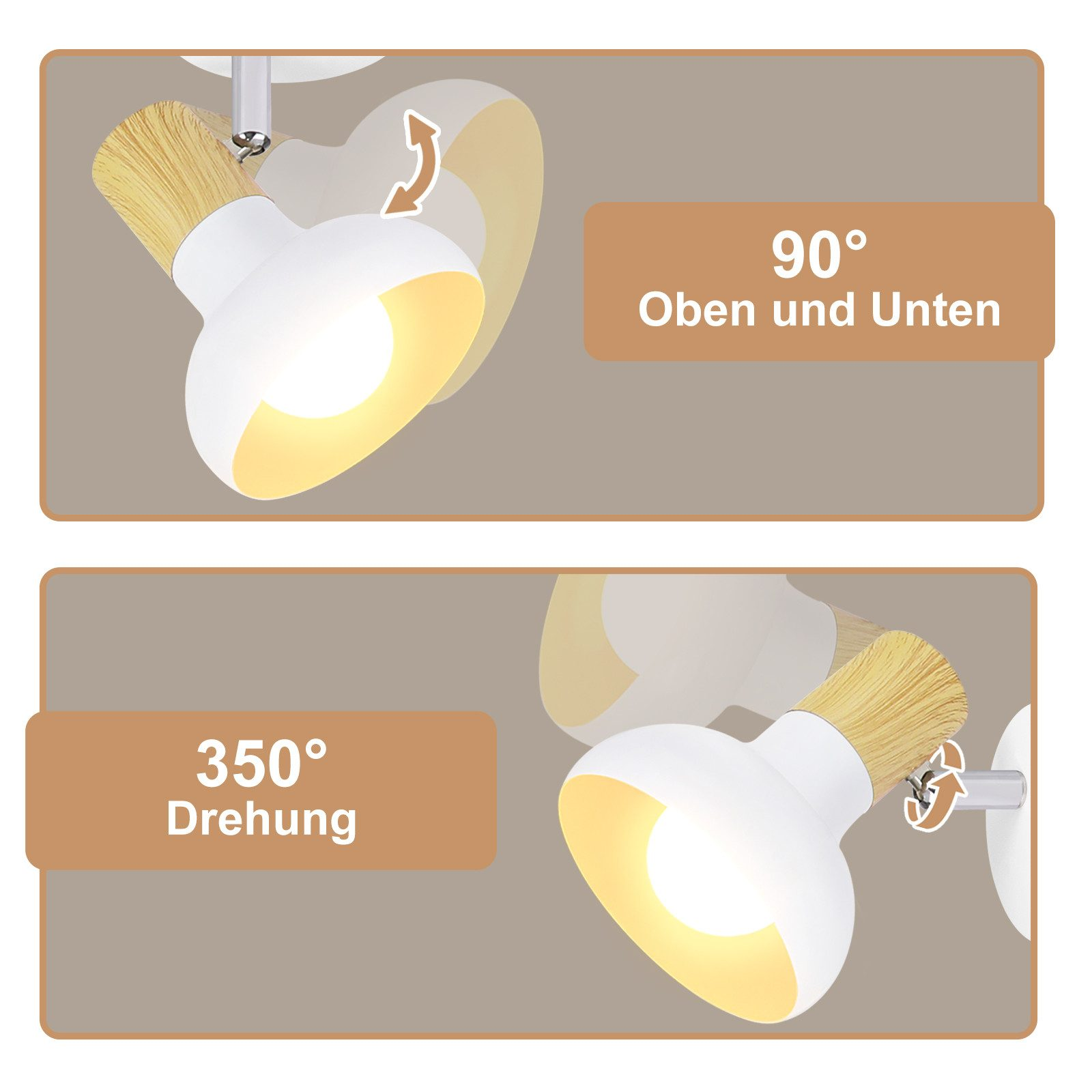 Dwa diagramy pokazujące reflektor obracający się o 90 i 350 stopni, z tekstem wskazującym ruch.