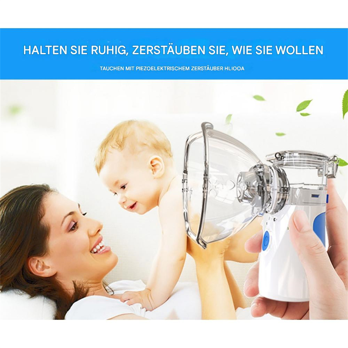 Frau hält Baby, das ein Vernebler benutzt; Text auf Deutsch darüber.