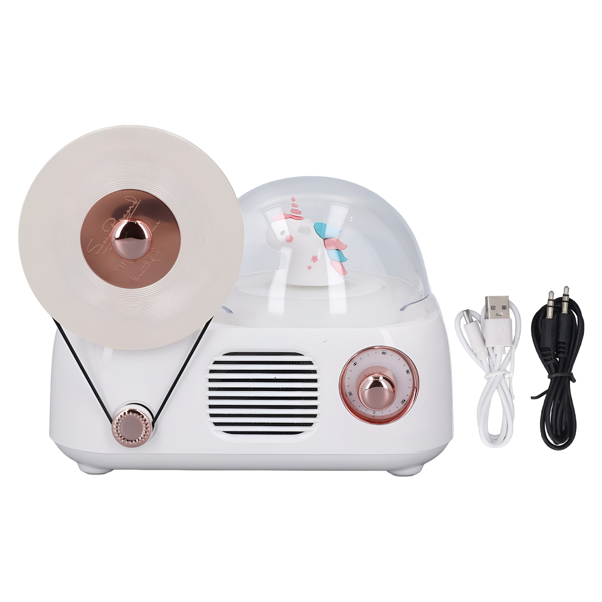 Weißer Musikplayer im Retro-Stil mit Einhornfigur in einer Kuppel, Kabeln und einer Schallplatte.