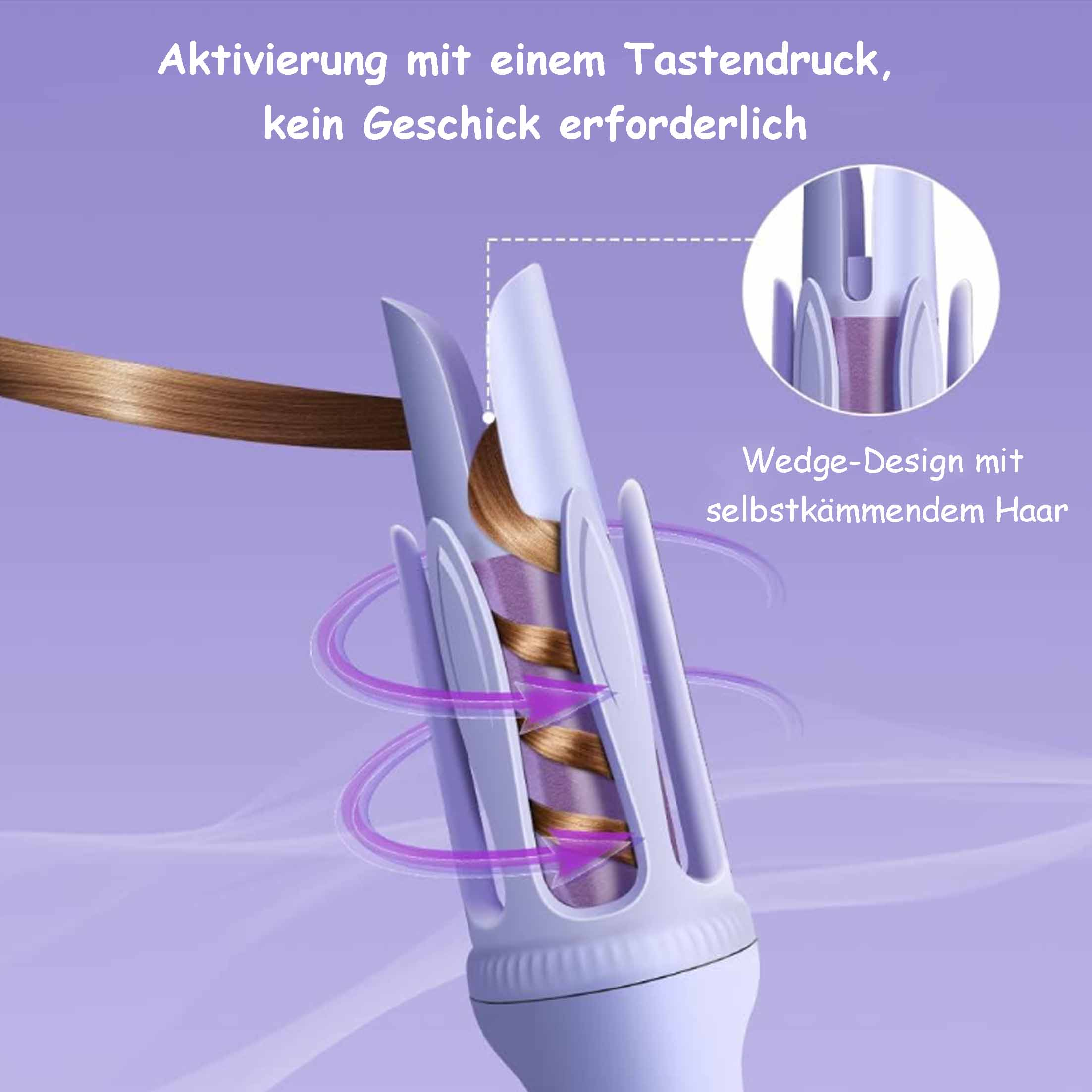 Haarstyling-Werkzeug mit lila Griff, mit Haarsträhnen darin. Text sagt 'Wedge-Design'.
