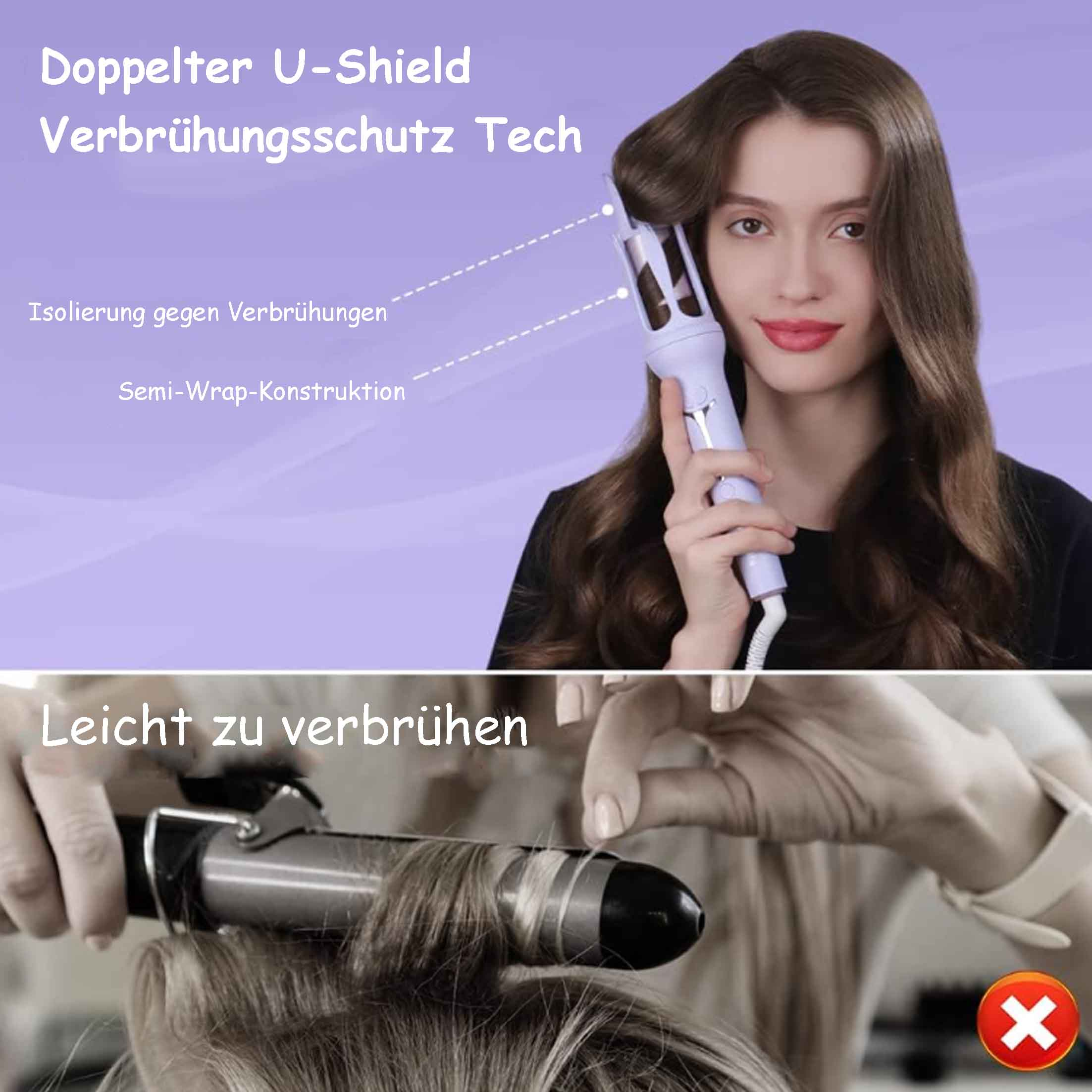 Eine Frau, die sich mit einem Gerät die Haare lockt, mit Diagrammen, die die Funktionen des Geräts zeigen.