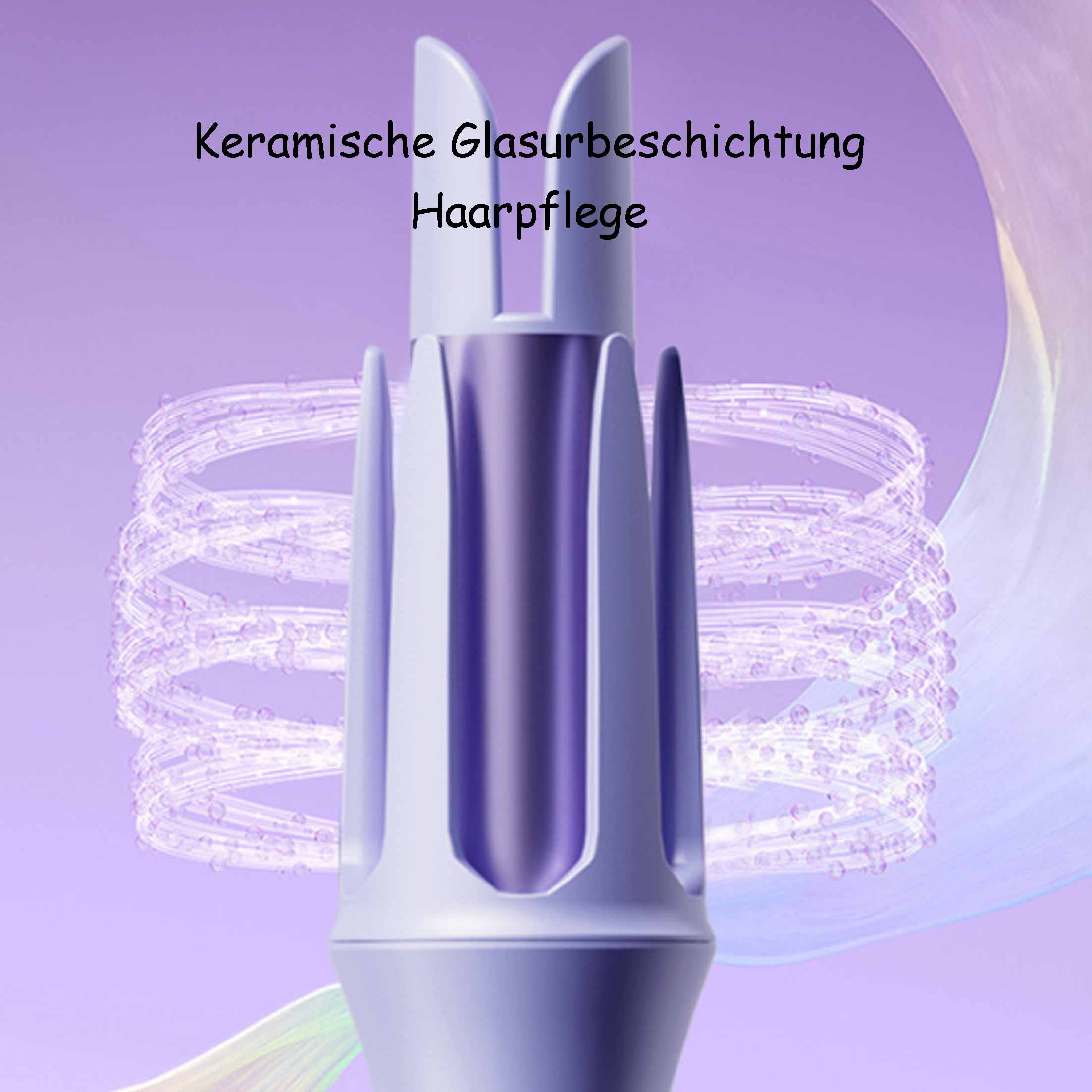 Haarpflegeprodukt mit Keramikbeschichtung. Das Gerät hat ein weißes und violettes Design mit Wirbel.