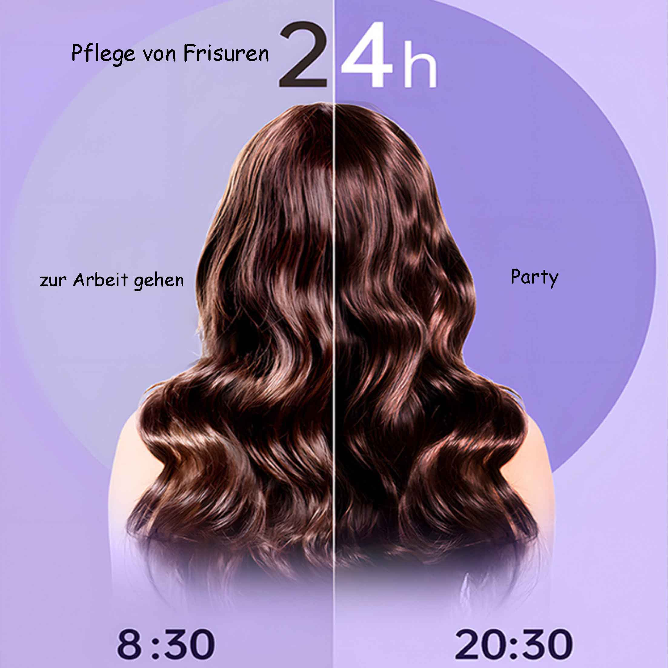 Frau mit braunen Haaren. Eine Seite für die Arbeit um 8:30 Uhr, die andere für die Party um 20:30 Uhr. Lila Hintergrund.