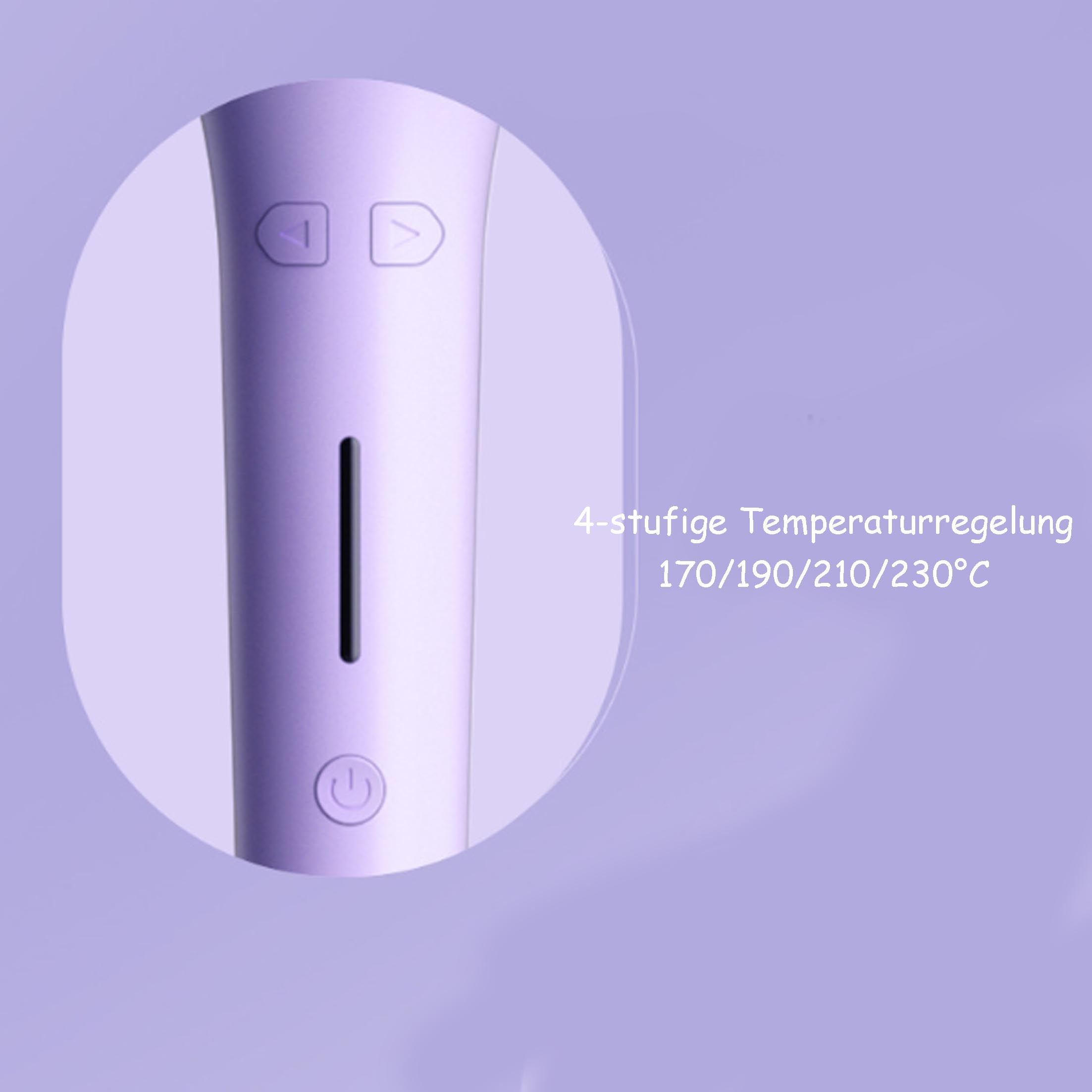 Nahaufnahme eines lila Haarstyling-Werkzeugs mit Temperatureinstellungen und Knöpfen.