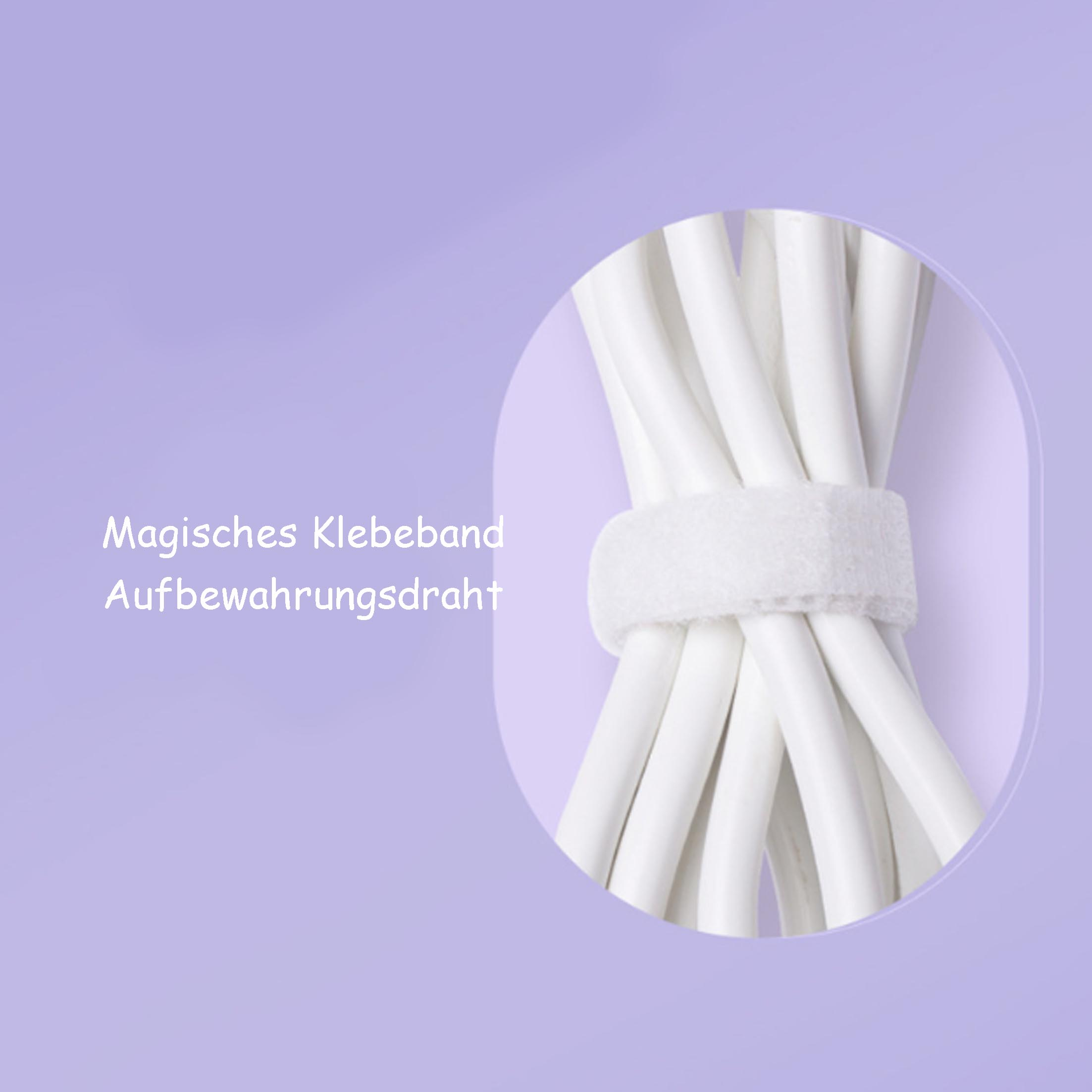 Weiße Kabel mit einem Klettverschlussband auf violettem Hintergrund gebunden.