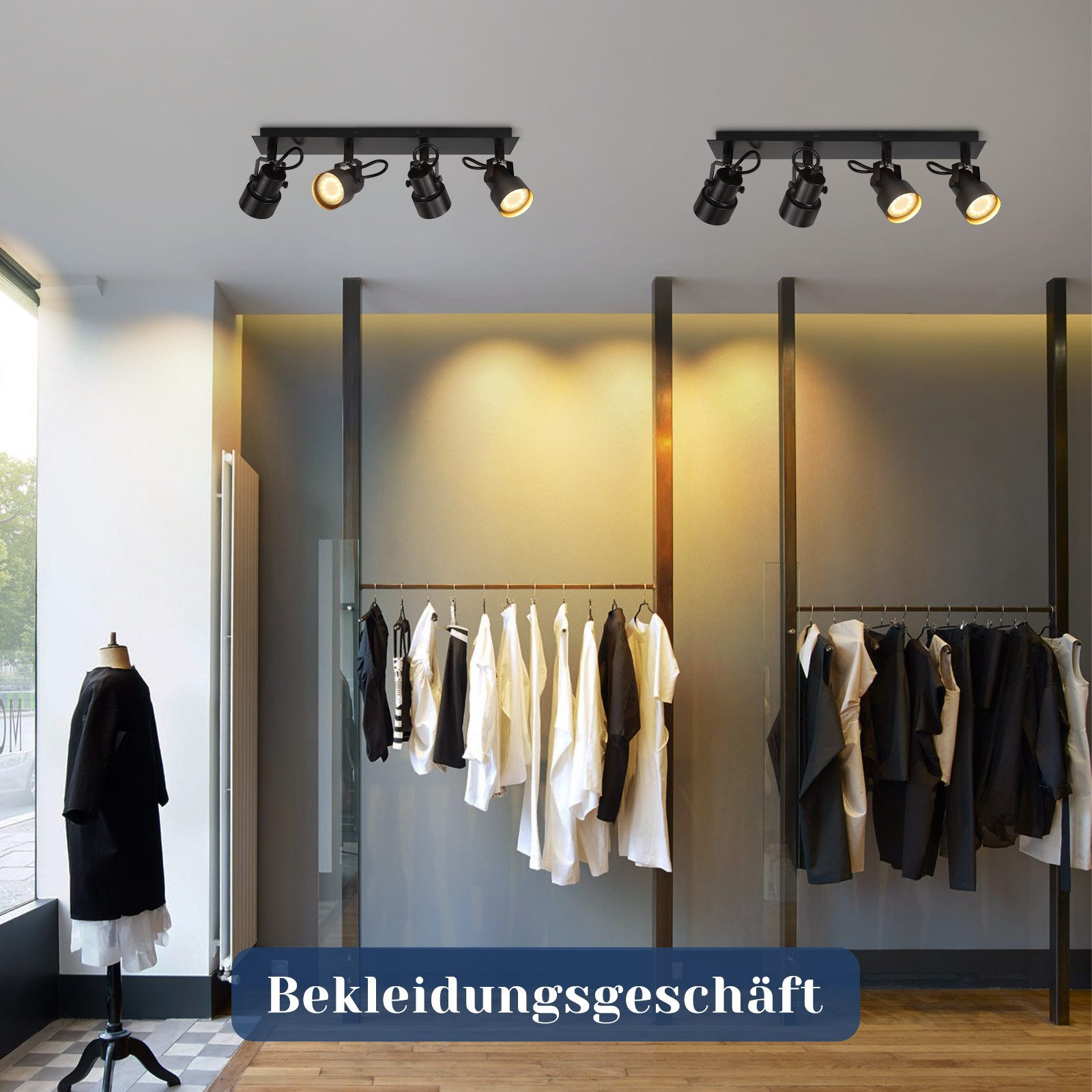 Wnętrze sklepu odzieżowego. Dwa rzędy reflektorów oświetlają wieszaki z białymi i czarnymi ubraniami.