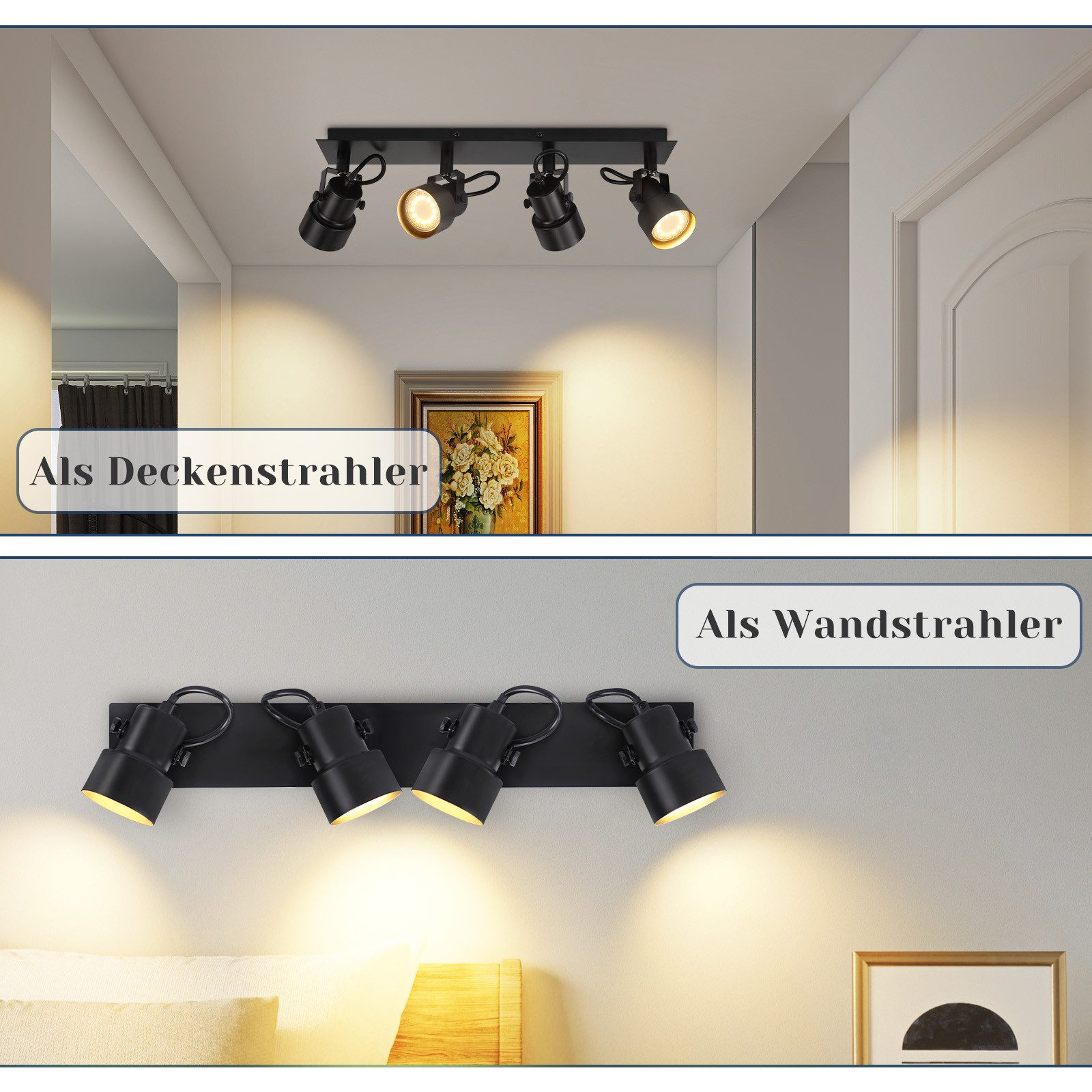 Czarne reflektory na suficie i ścianie. Dwa obrazy pokazują różne opcje montażu.