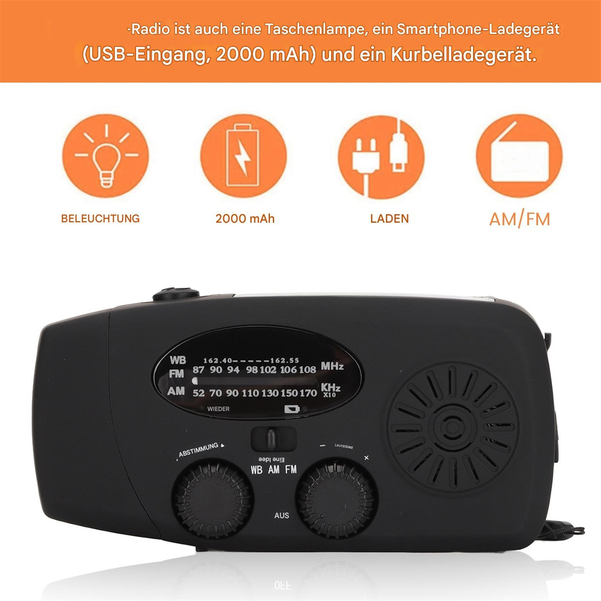 Schwarzes Radio mit Licht, 4 Symbolen und Text.