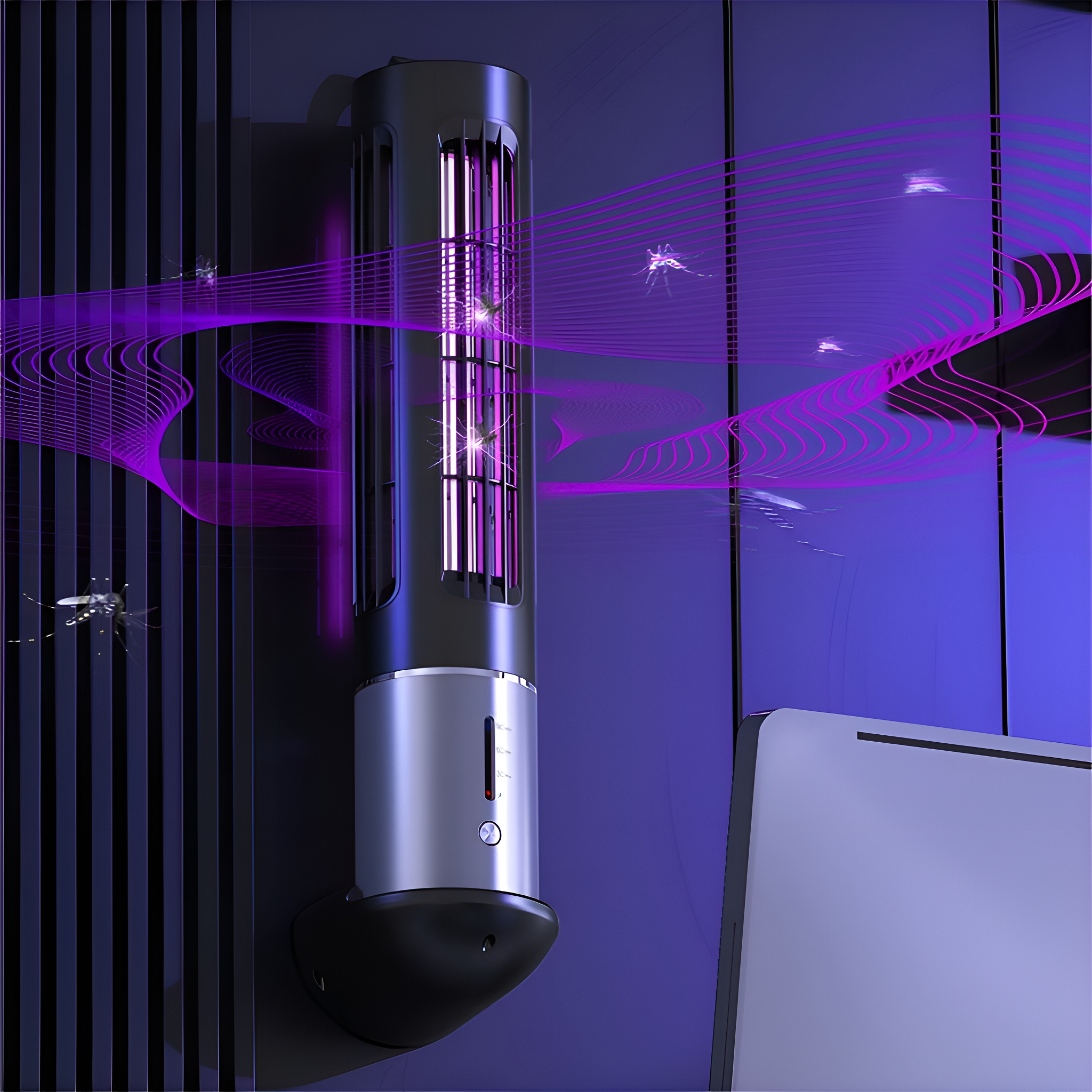 Schwarzer und silberner Moskitokiller an der Wand, mit violettem Licht und Mücken.