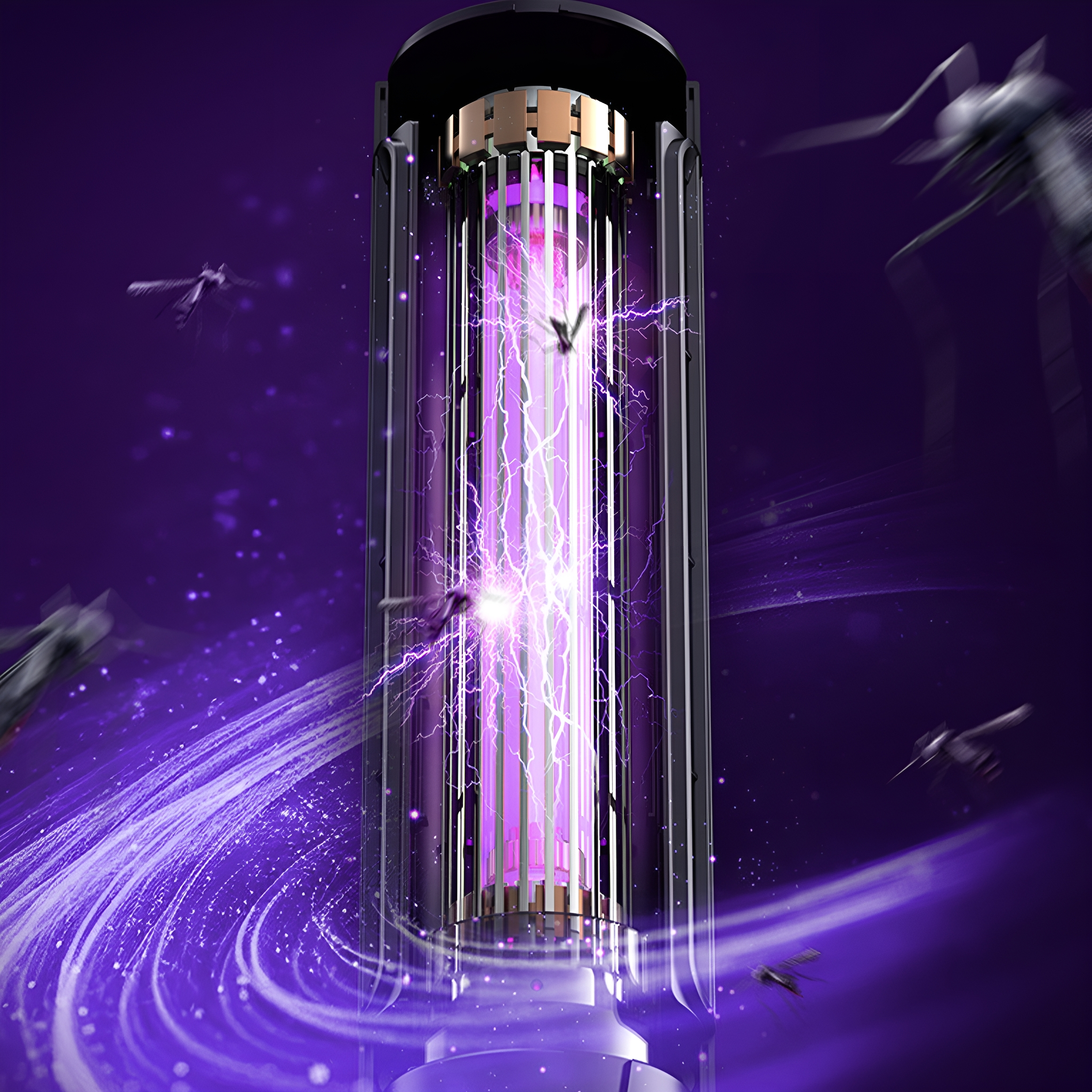 Mückenvernichter mit violettem Licht und fliegenden Käfern.