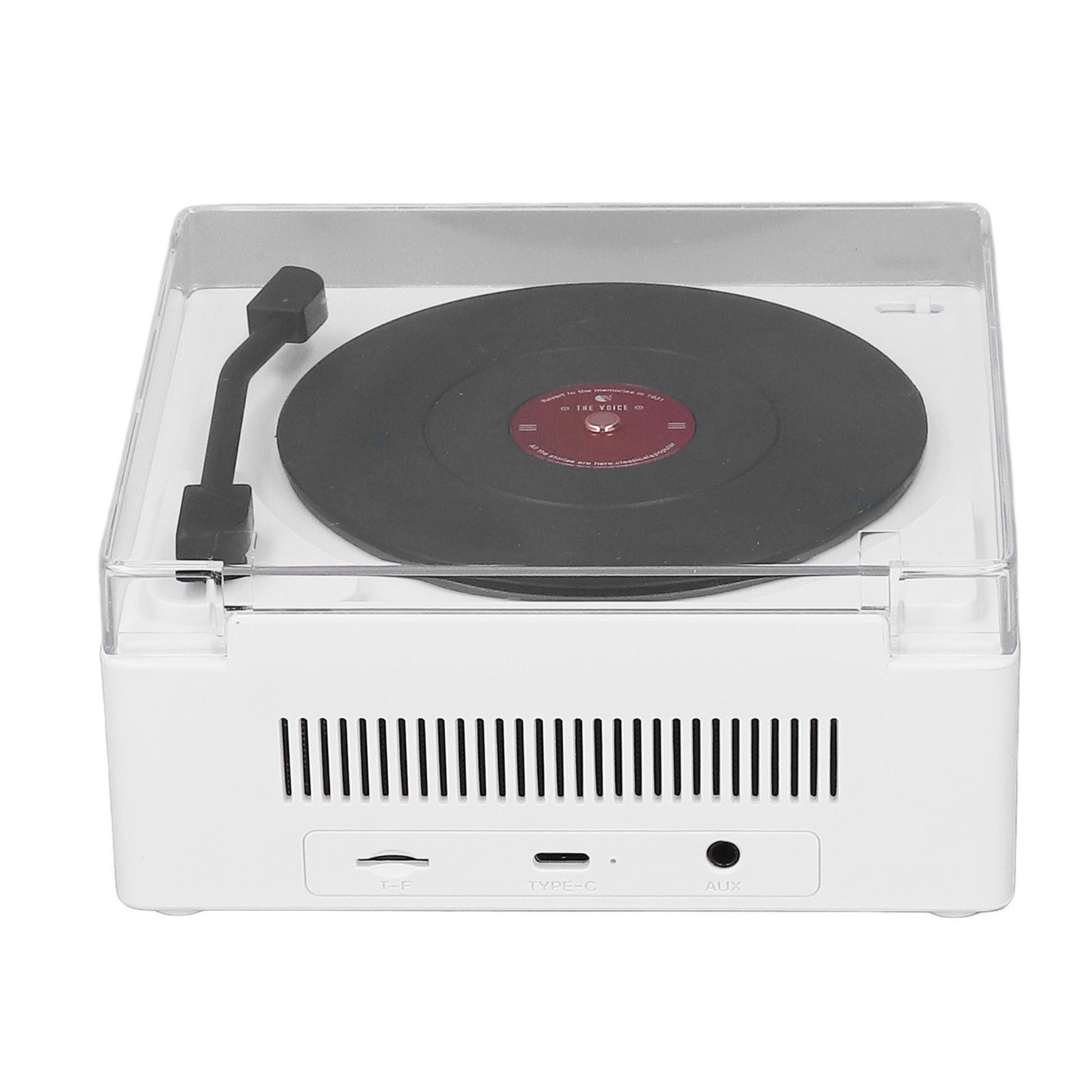 Weißer und transparenter Plattenspieler. Vinyl-Schallplatte eingesetzt. Der Plattenspieler hat Knöpfe und Anschlüsse.