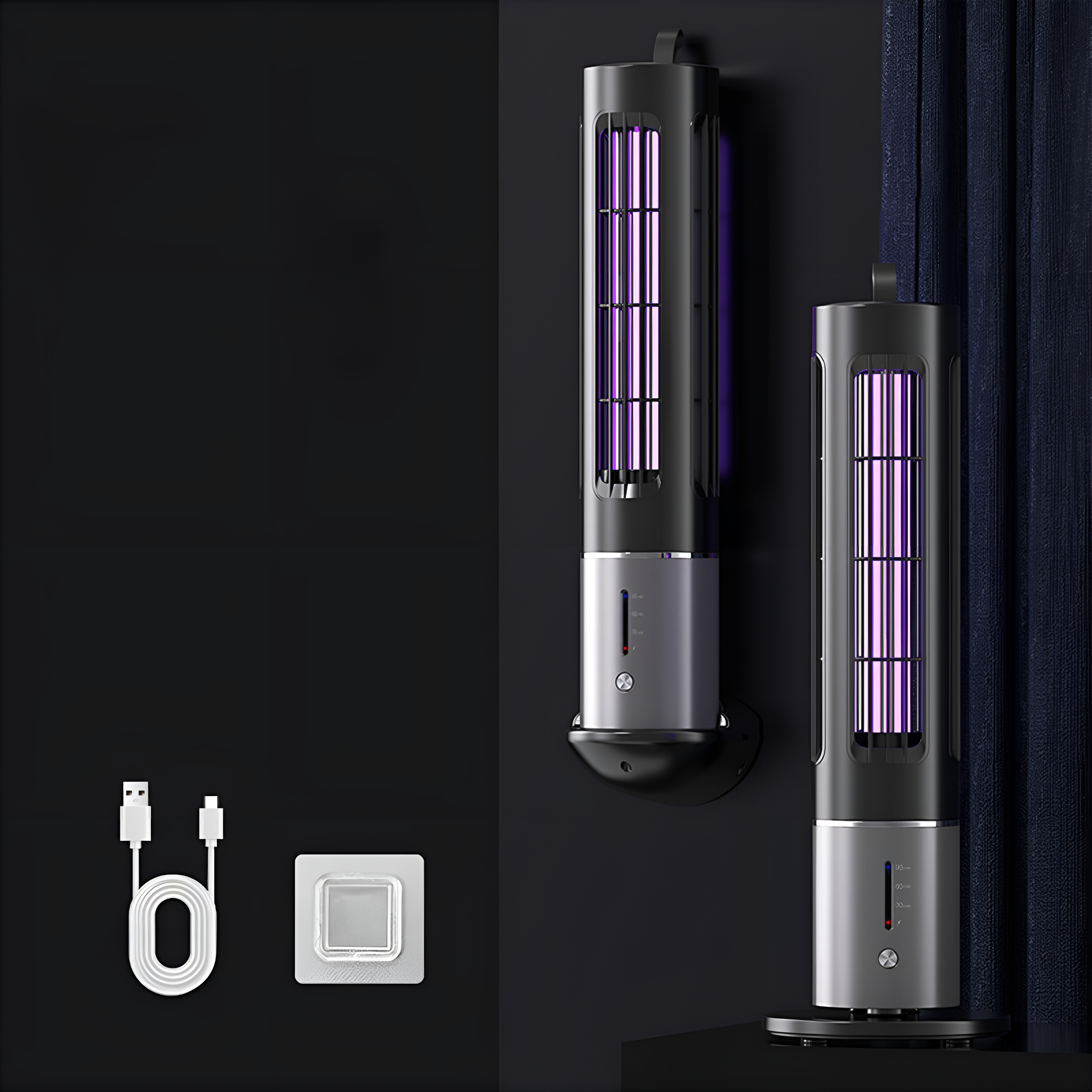 Zwei schwarze Luftreiniger mit lila Licht im Inneren, neben einem weißen Kabel und einem Netzteil auf schwarzem Untergrund.