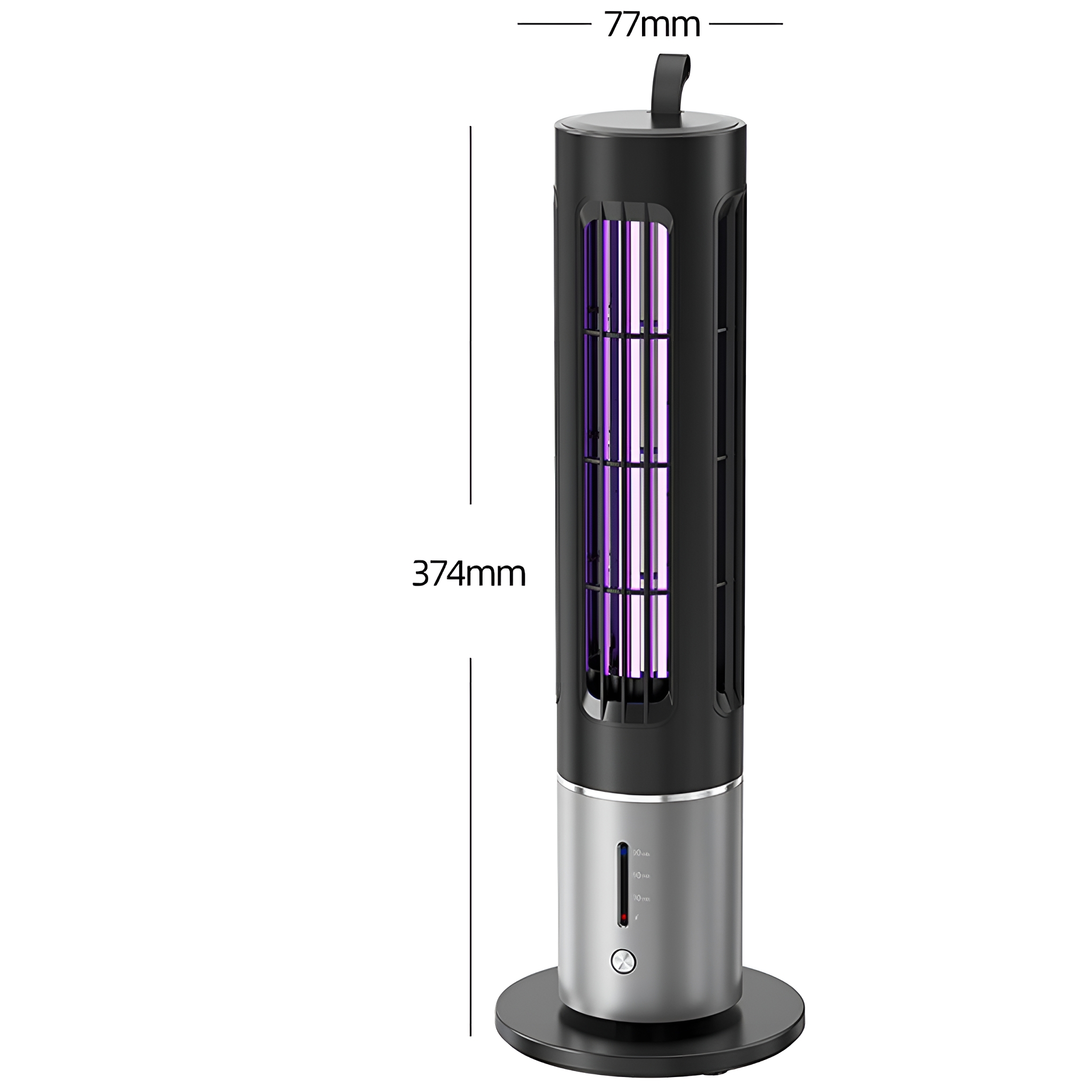 Hoher, zylindrischer UV-Luftsterilisator mit schwarzen und silbernen Abschnitten.