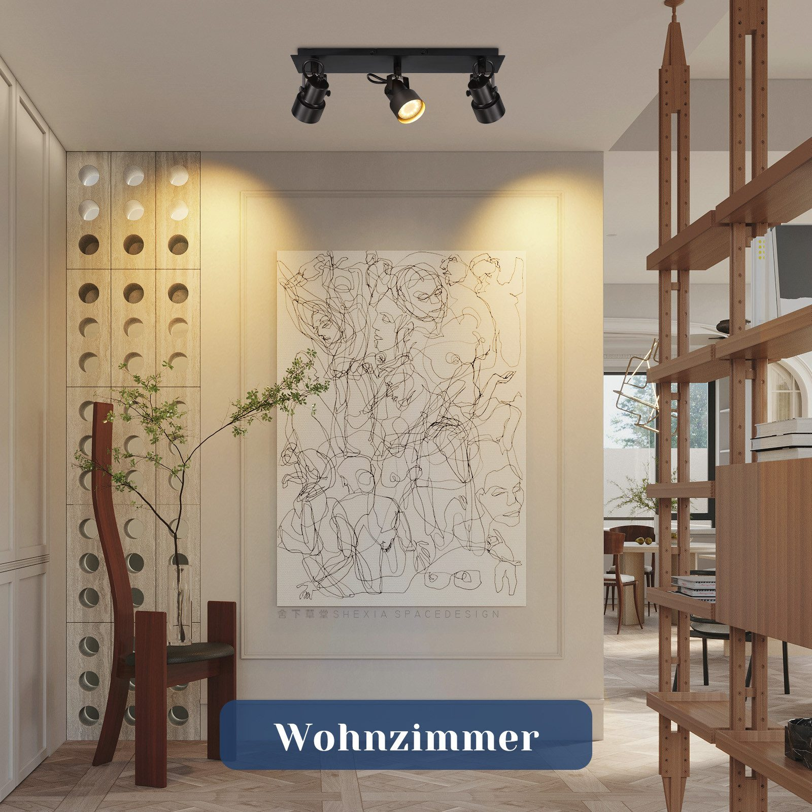 Nowoczesny salon z abstrakcyjną sztuką i oświetleniem szynowym.