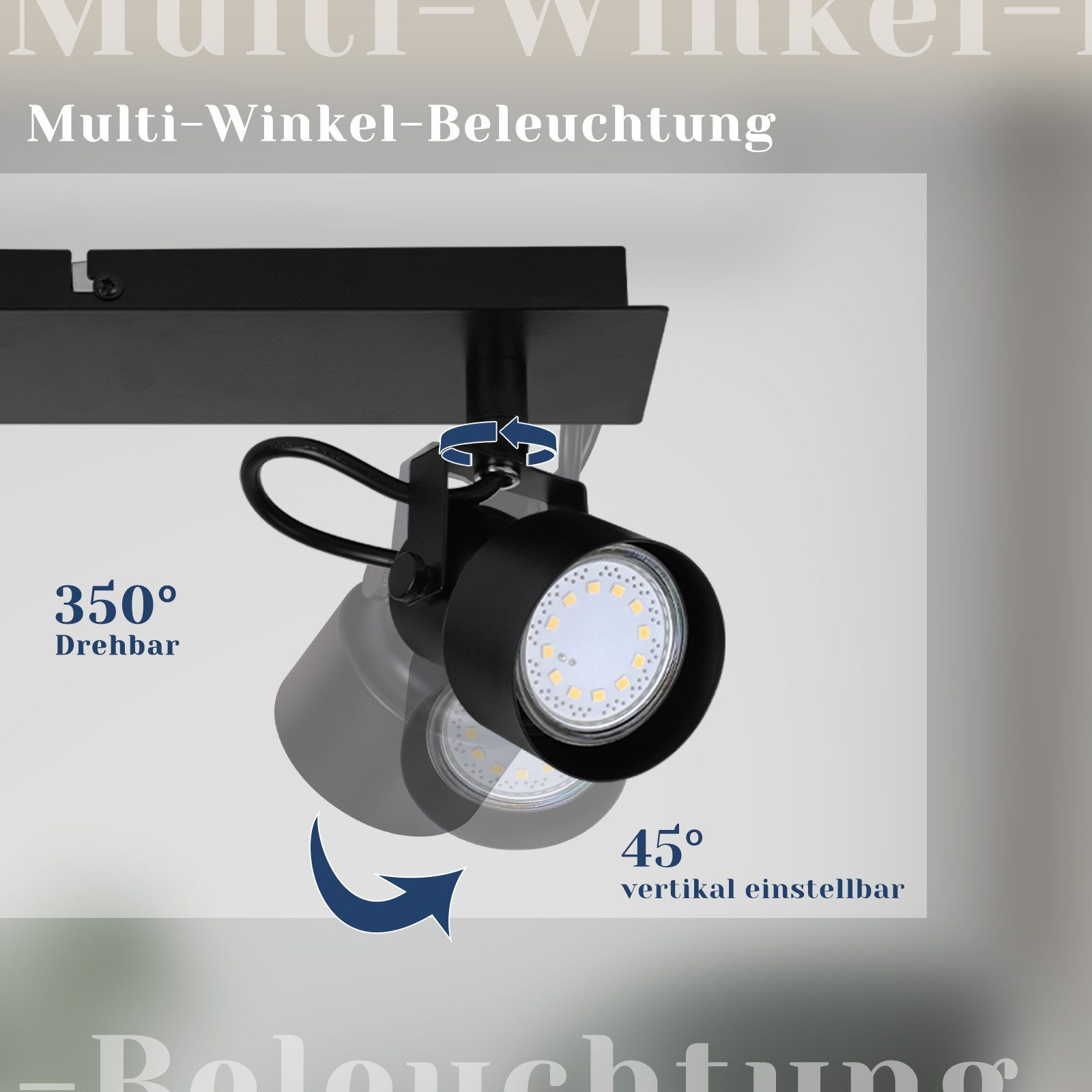 Czarny reflektor z regulowaną głowicą na białym tle.
