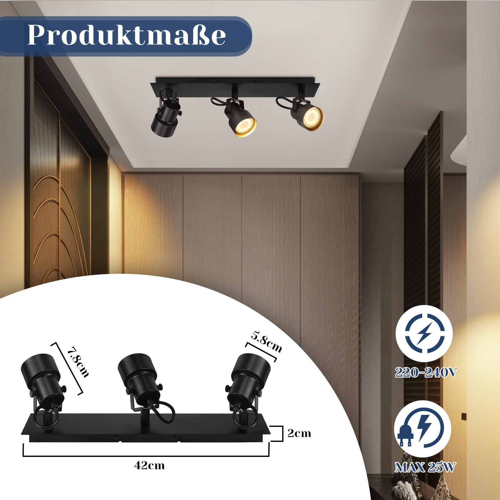 Czarne reflektory sufitowe z trzema regulowanymi światłami, wymiary są pokazane. Słowo 'Produktmaße' jest widoczne.