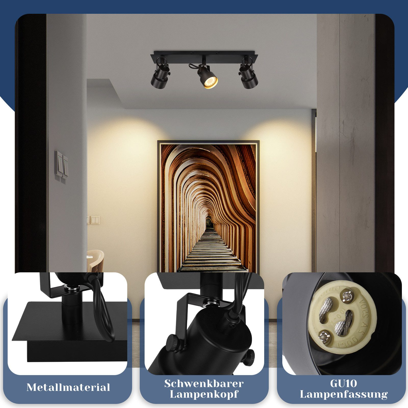 Czarne oświetlenie szynowe z trzema lampami, zbliżenie metalu i podstawa lampy.