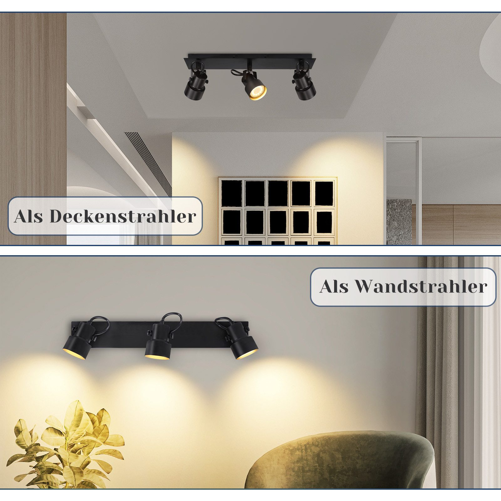 Zestaw czarnych reflektorów na suficie i ścianie, z etykietą tekstową.