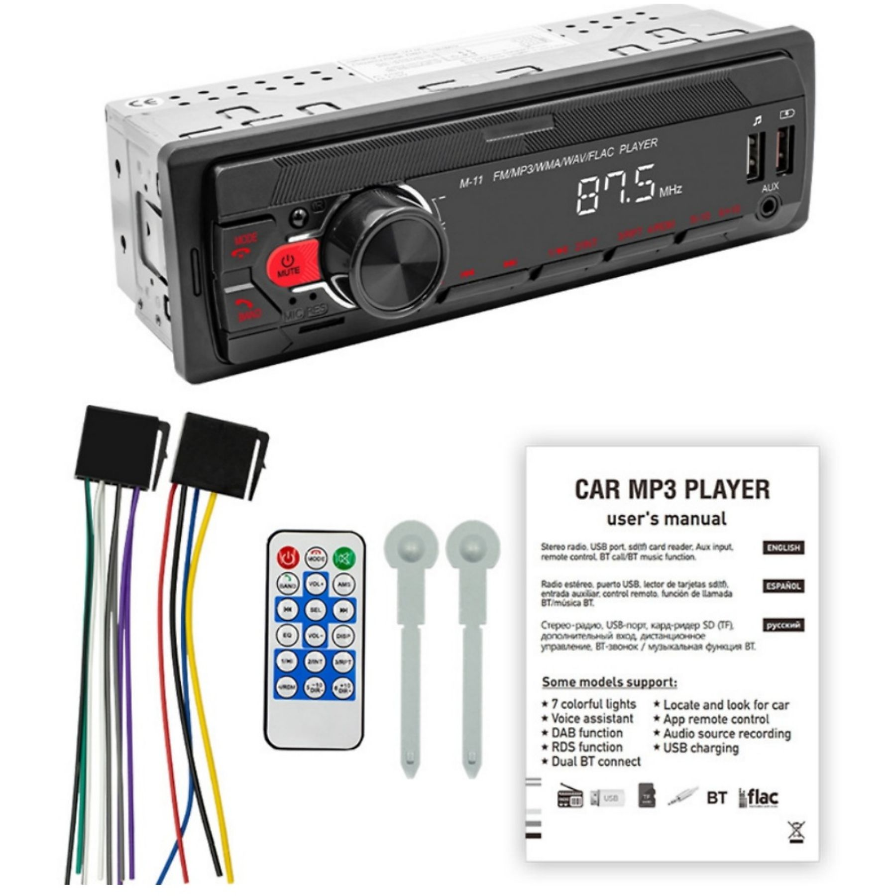 Autoradio mit Knöpfen, Bildschirm und USB. Enthält Kabel, Fernbedienung und Handbuch.