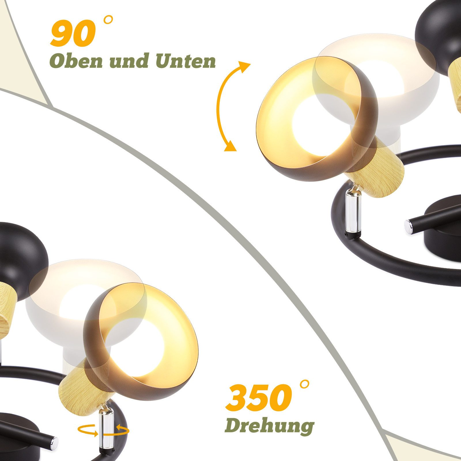 Oprawy oświetlenia sufitowego. Dwa światła z regulowanymi kątami. Tło jest białe.