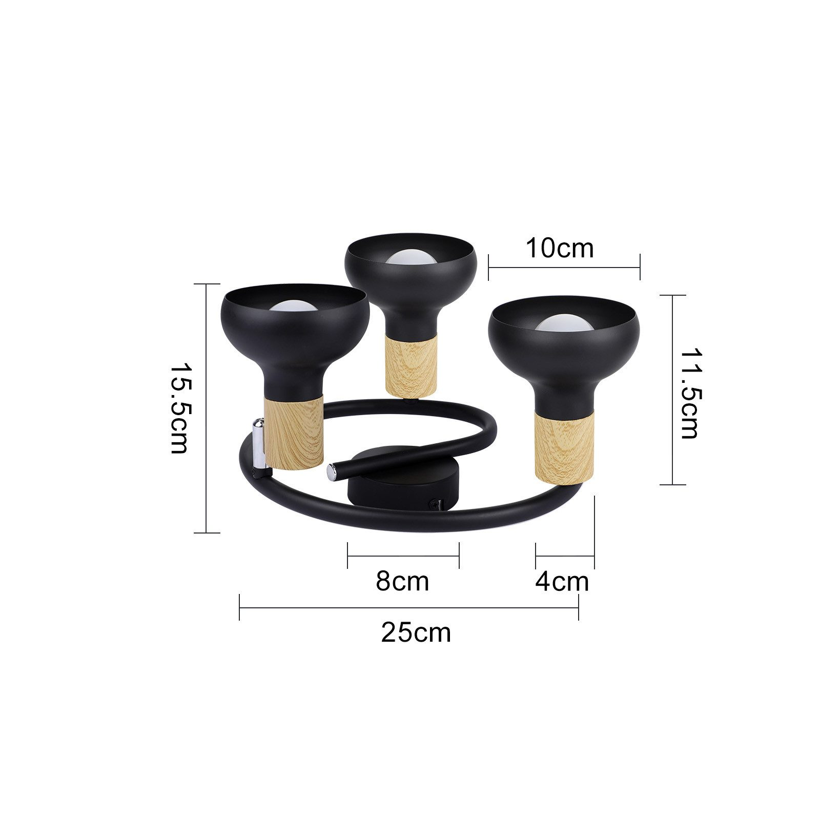 Czarna i drewnopodobna lampa sufitowa z trzema światłami, z wymiarami na białym tle.