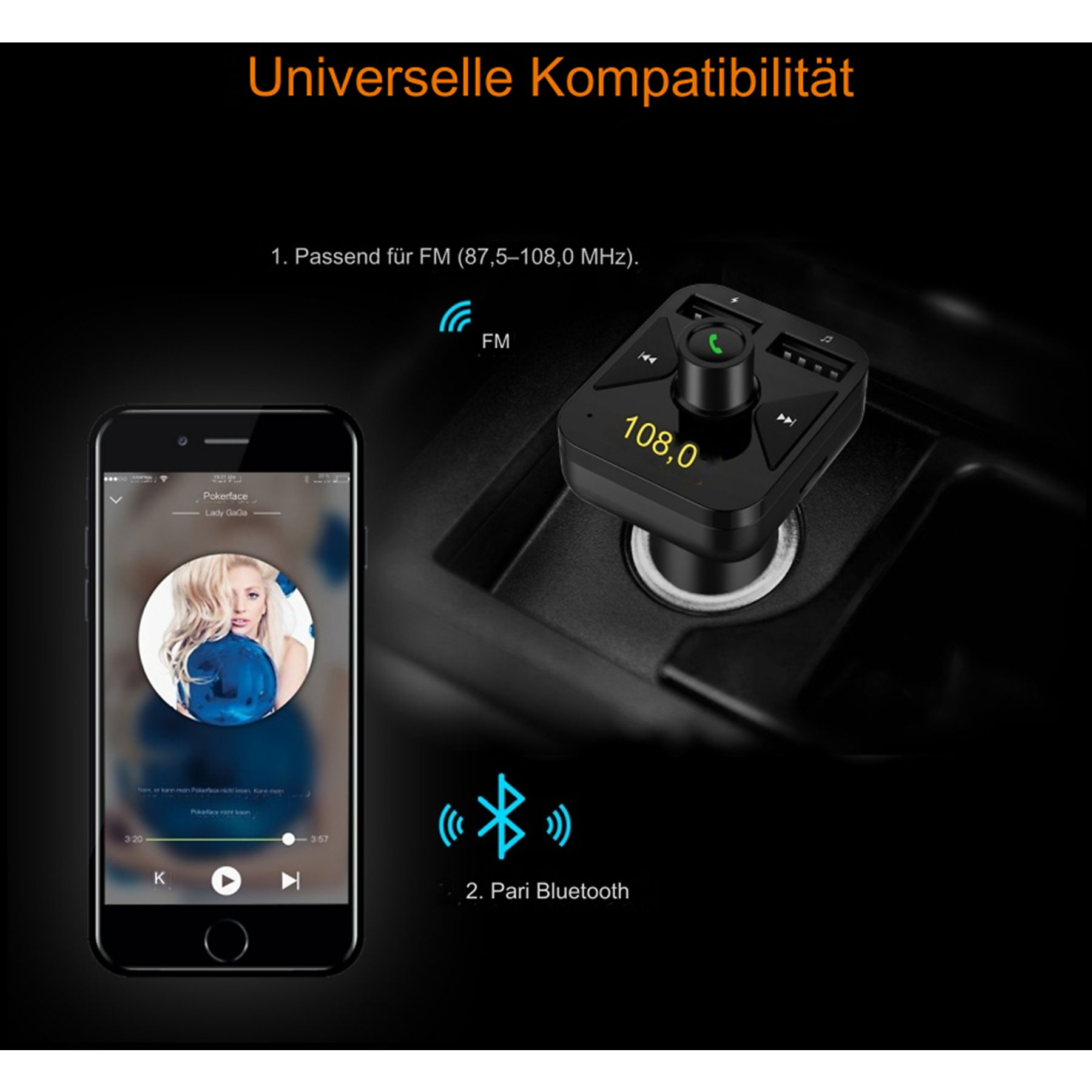 Schwarzes Gerät im Auto, Telefon spielt Musik. Bluetooth- und FM-Symbole werden angezeigt.