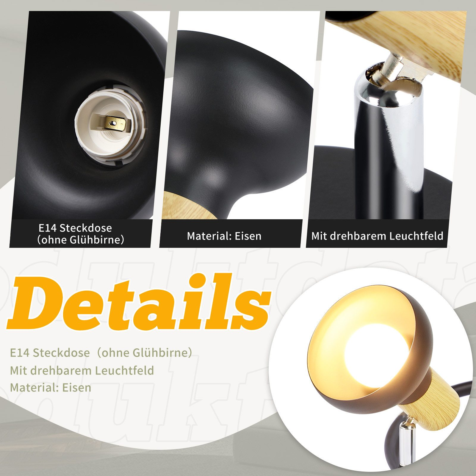 Zbliżenie szczegółów lampy: gniazdo E14, materiał: żelazo i obracane pole świetlne.