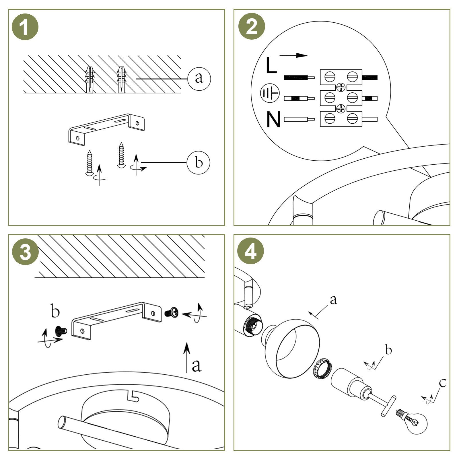 Schematy instruktażowe instalacji lampy sufitowej, z ponumerowanymi krokami i oznaczonymi elementami.