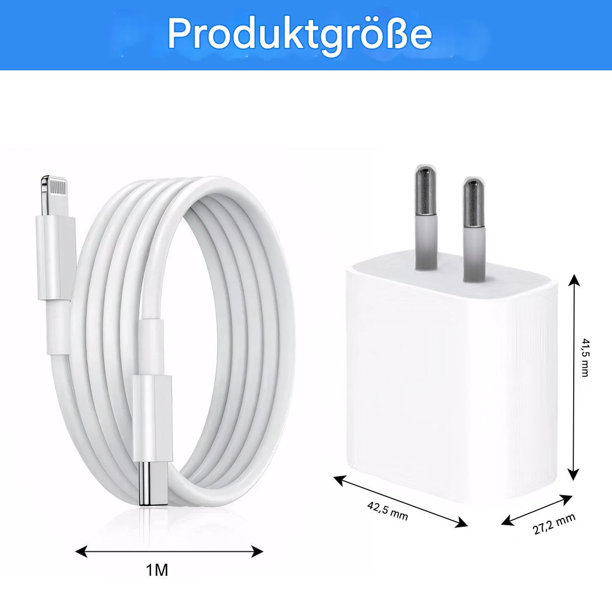 Weißes Kabel und Ladegerät, Abmessungen angegeben. Produktgröße wird oben angezeigt.