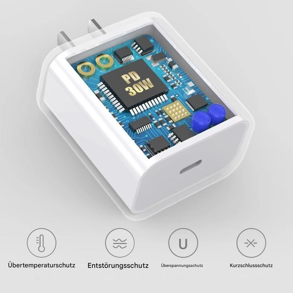 Weißer Netzadapter mit elektronischen Komponenten und Symbolen.