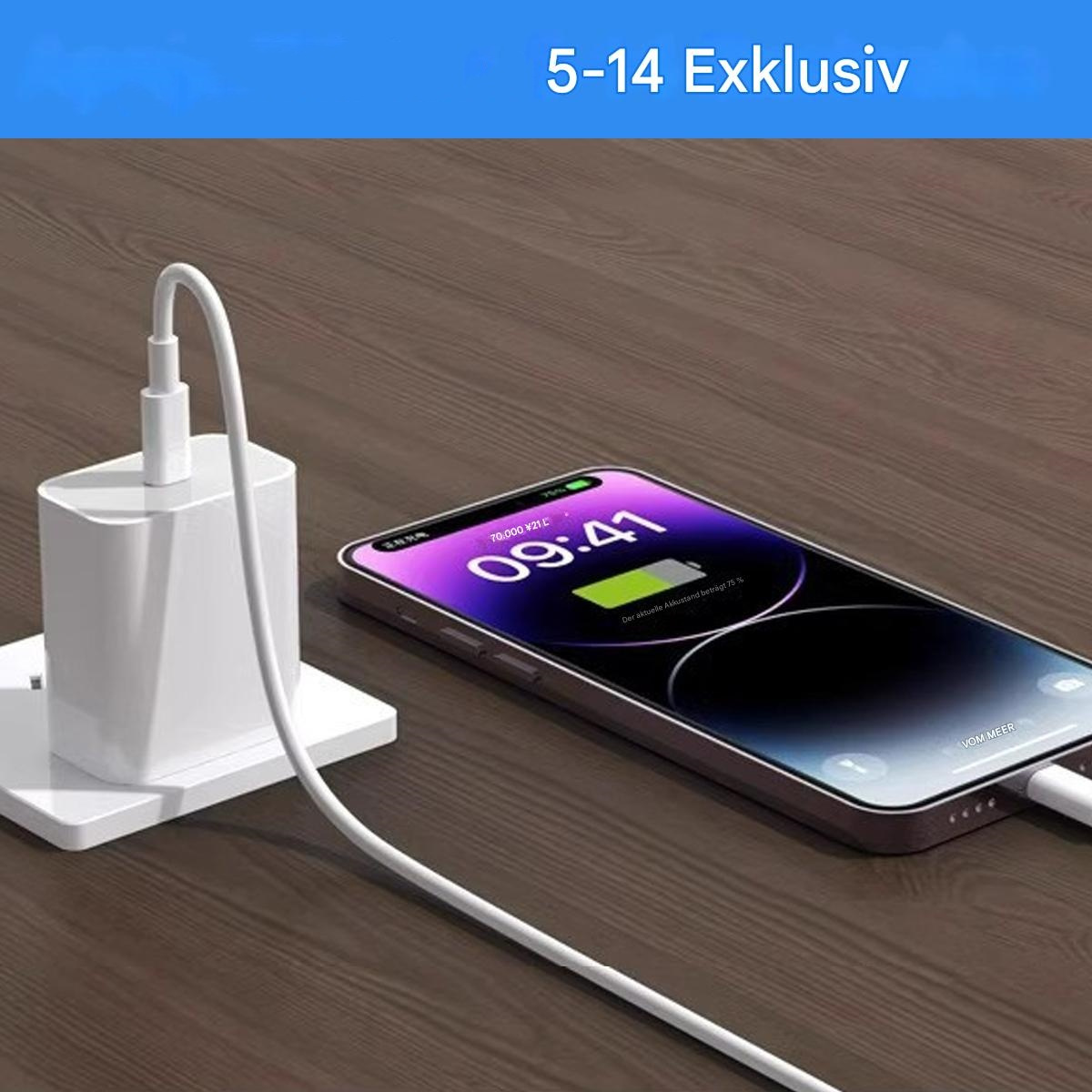 Ein Telefon, das auf einem Holztisch mit einem weißen Ladegerät geladen wird.