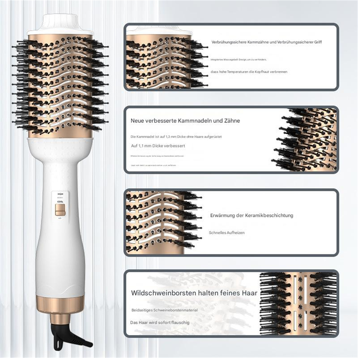 Haarstylingbürste mit Details zu Funktionen und Technologien.