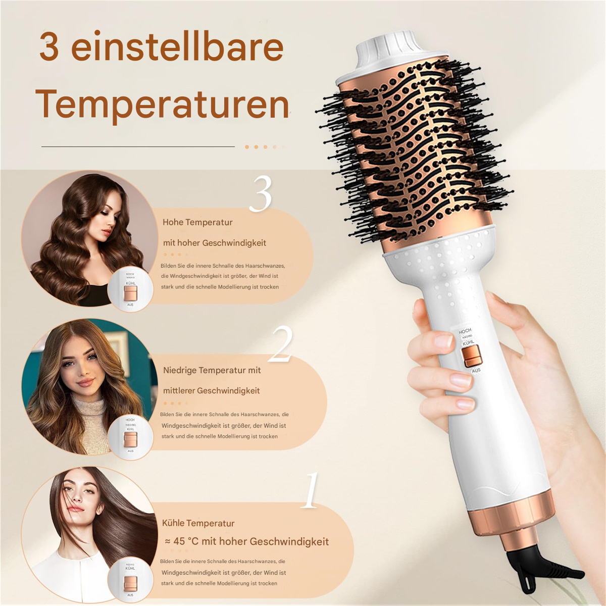 Eine Frau benutzt einen Haarstyler. Das Gerät hat verschiedene Einstellungen: hohe, mittlere und niedrige Hitze.