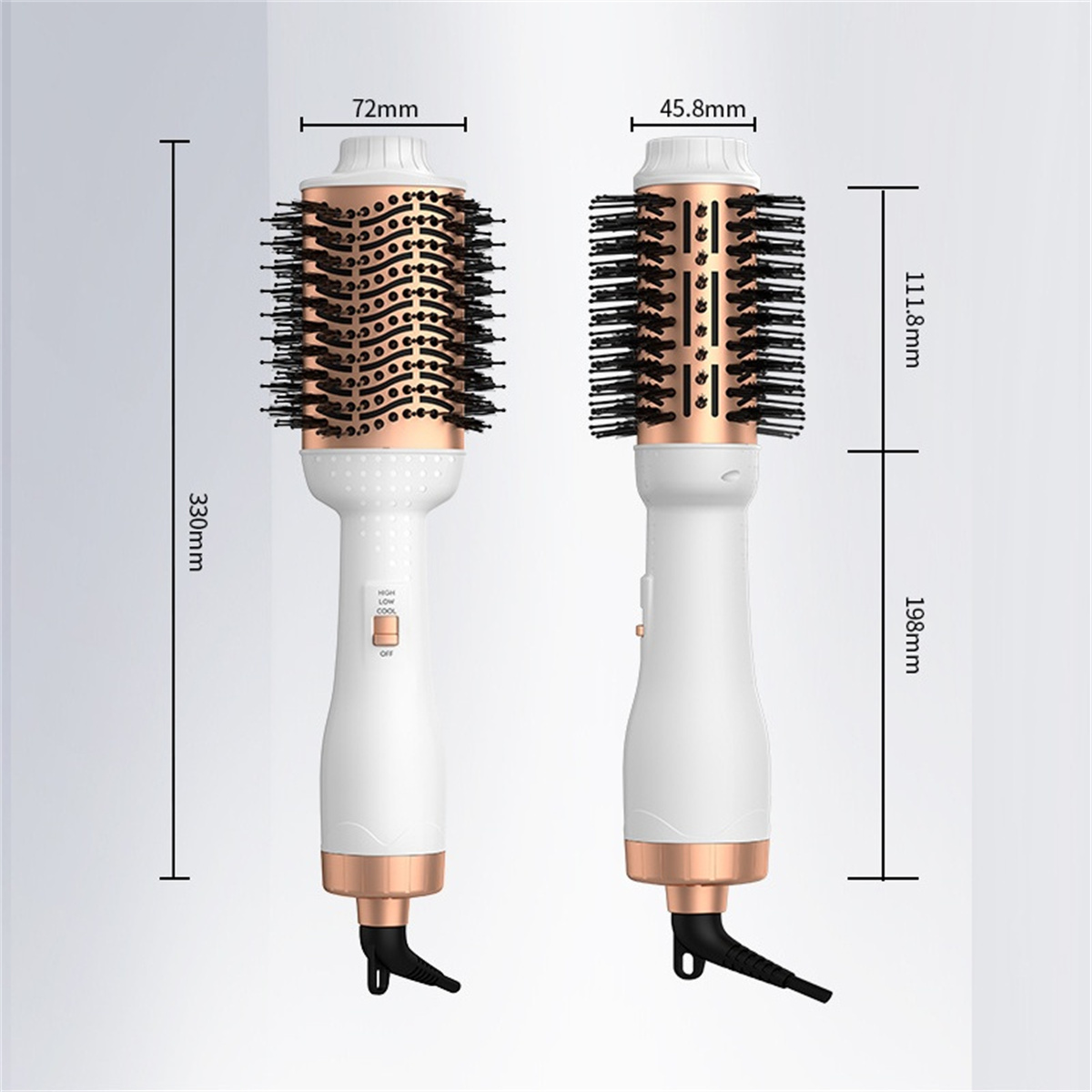 Zwei Haarstyling-Bürsten mit Abmessungen, weißem Griff und goldenen Akzenten.