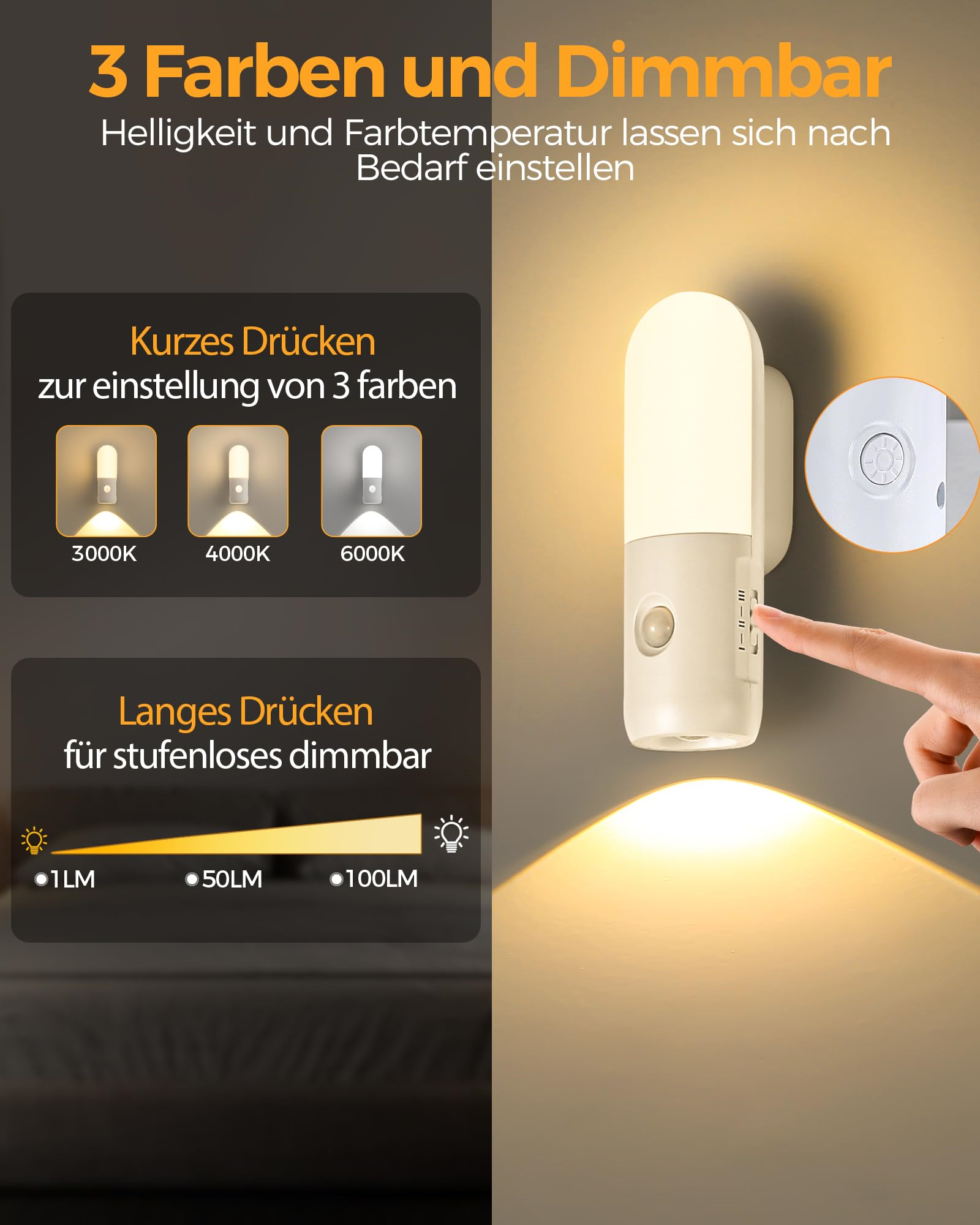 Eine weiße, an der Wand befestigte Nachtleuchte, auf die eine Hand zeigt. Sie hat drei Lichteinstellungen und ist dimmbar.