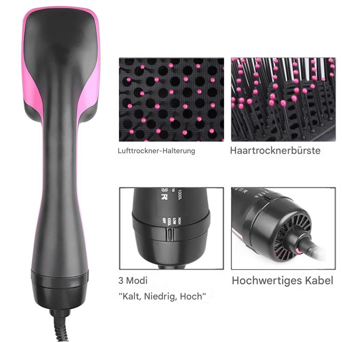 Schwarz-rosa Haartrockner. Nahaufnahmen von Filter, Bürstenkopf und Steuermodi.