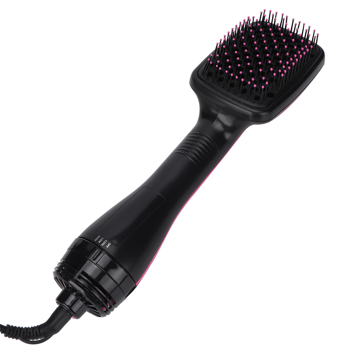 Schwarze Haartrocknerbürste mit rosa Borsten. Der Trockner hat einen Griff und einen drehbaren Kopf.