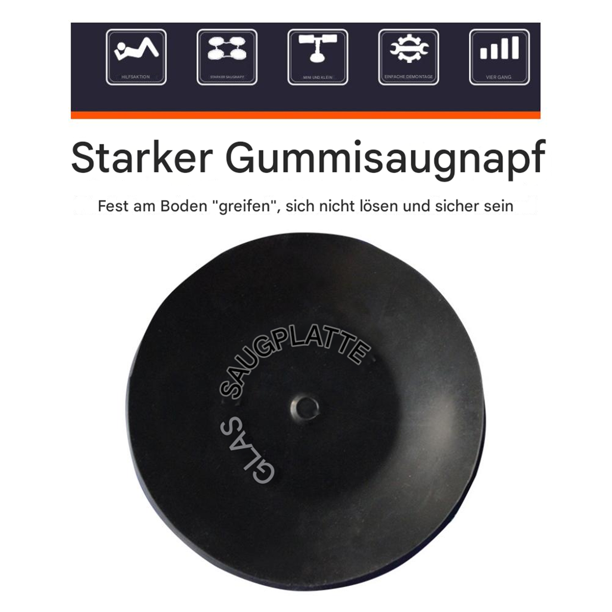 Schwarze Gummi-Saugplatte mit weißem Text. Es ist rund mit einem kleinen Loch in der Mitte.