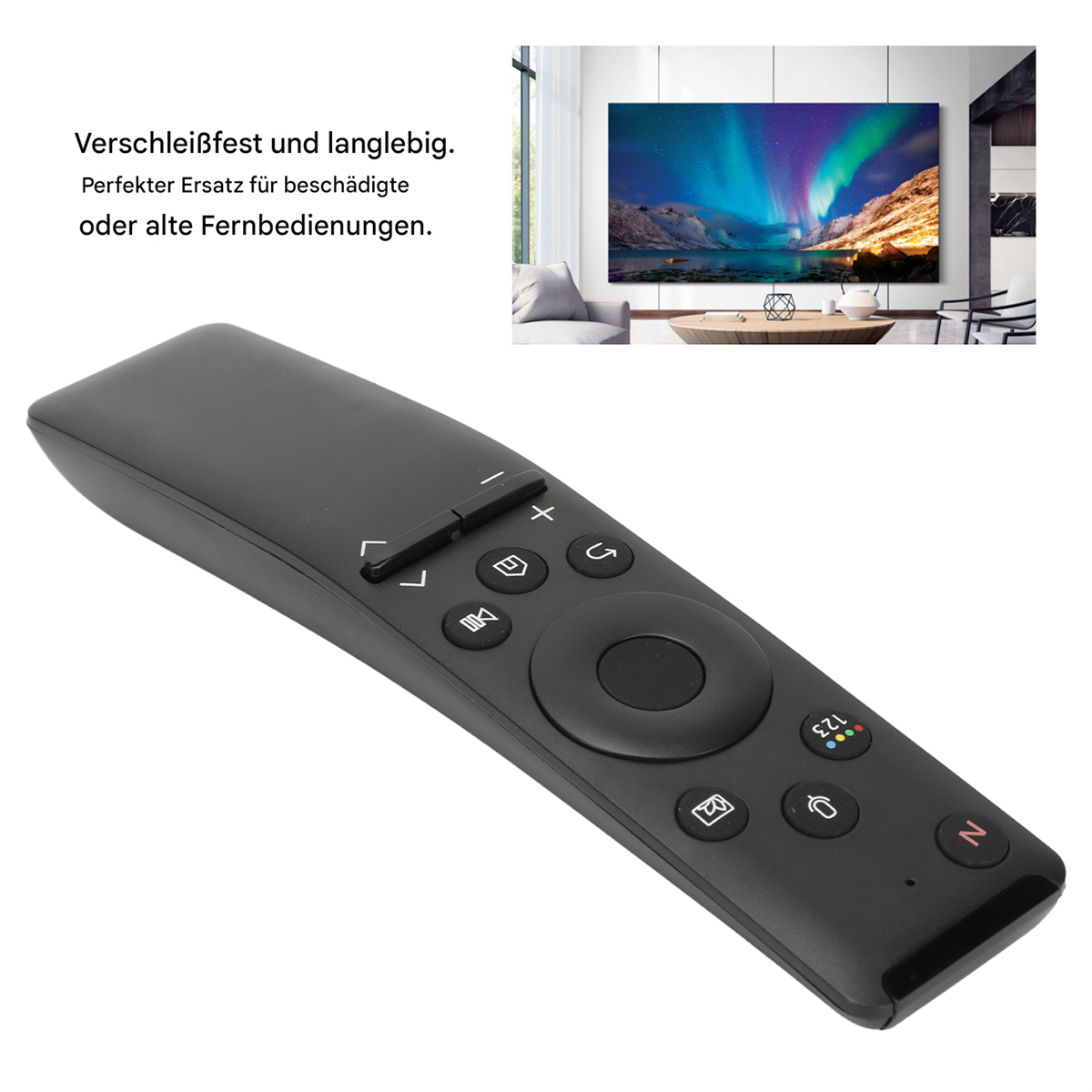 Schwarze TV-Fernbedienung mit Tasten und Navigationsfeld.