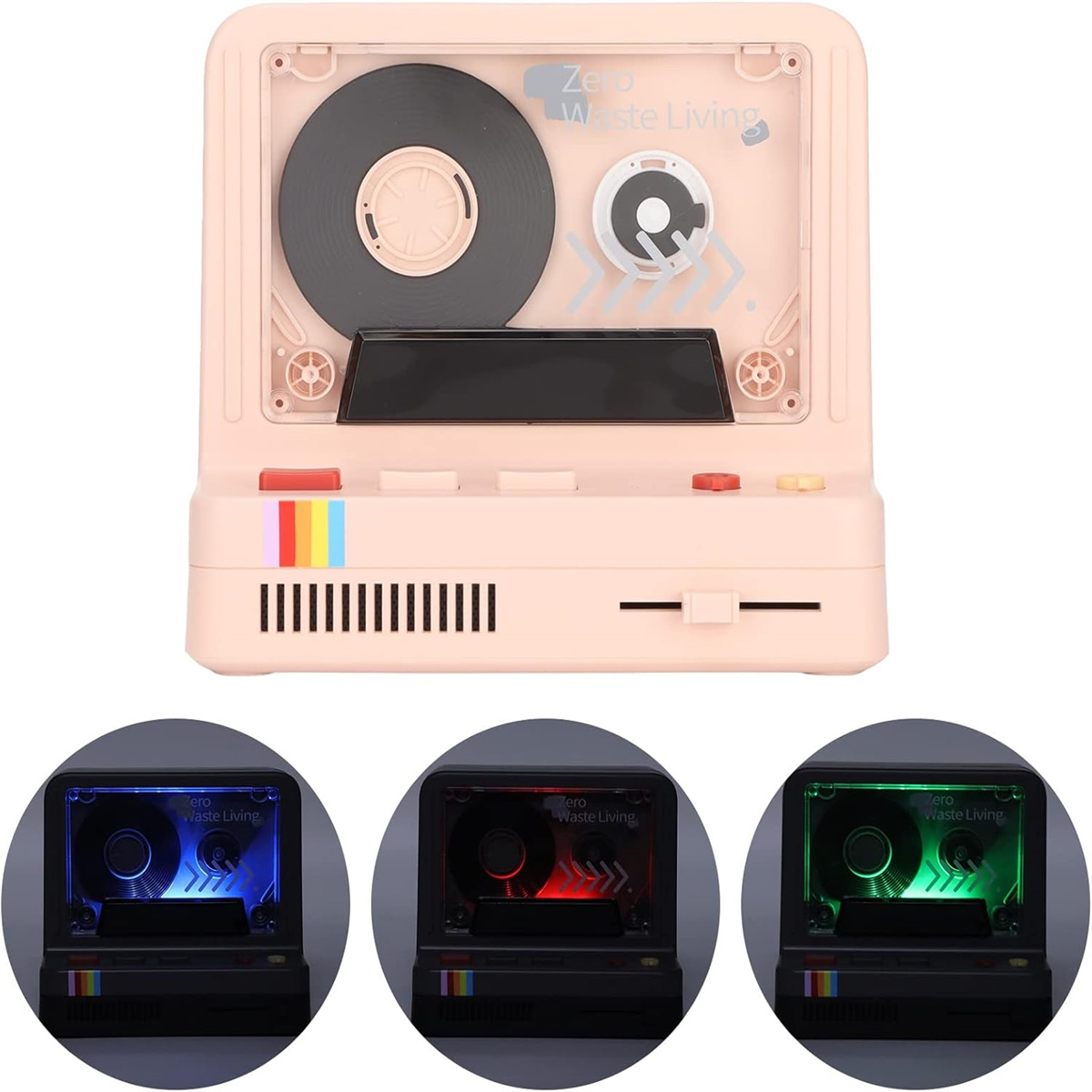 Rosa Musikplayer im Retro-Stil mit Kassettendisplay und Modi mit verschiedenen Farblichtmodi.